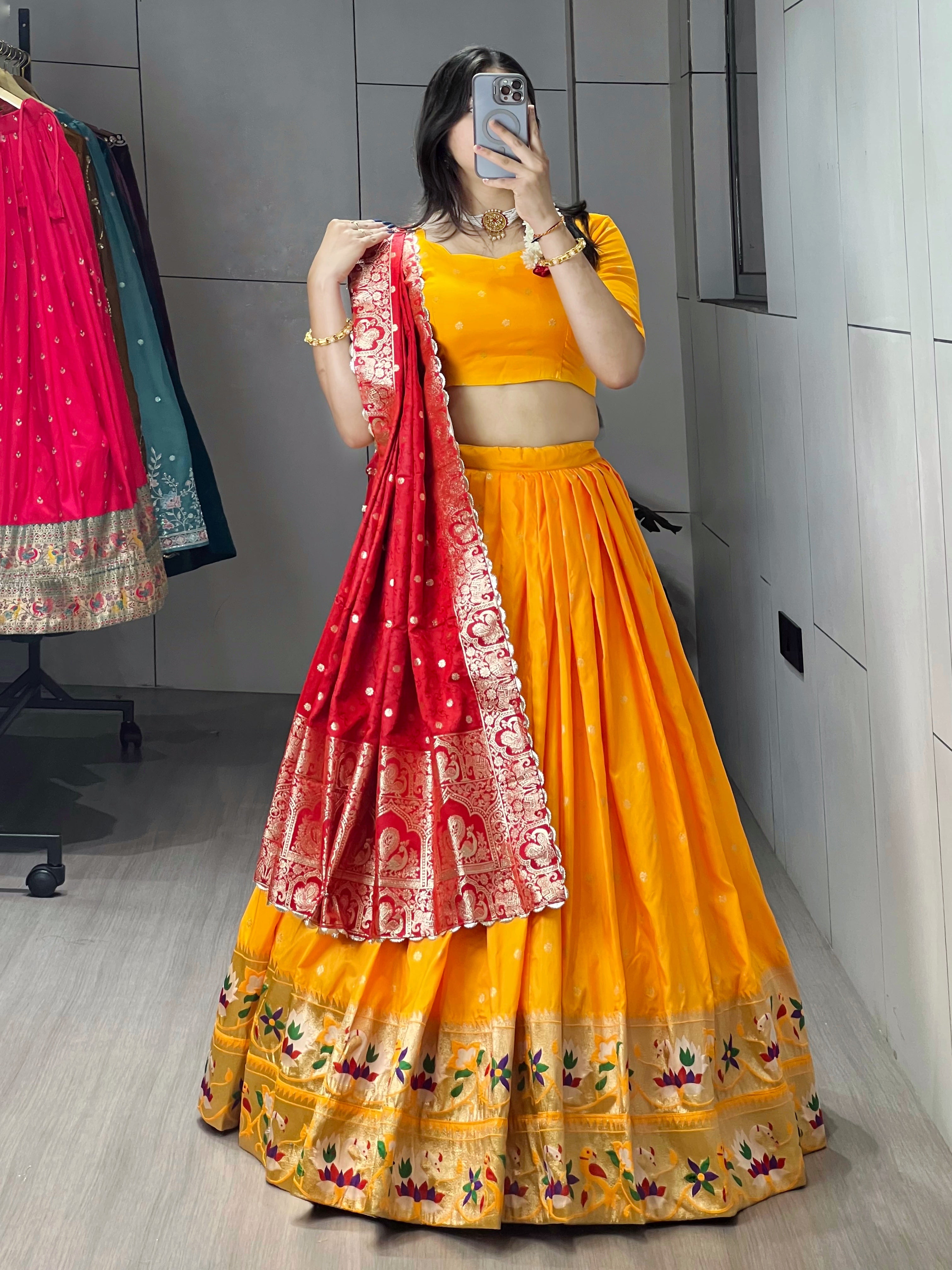 Golden Paithani Silk Lehenga Choli Sets