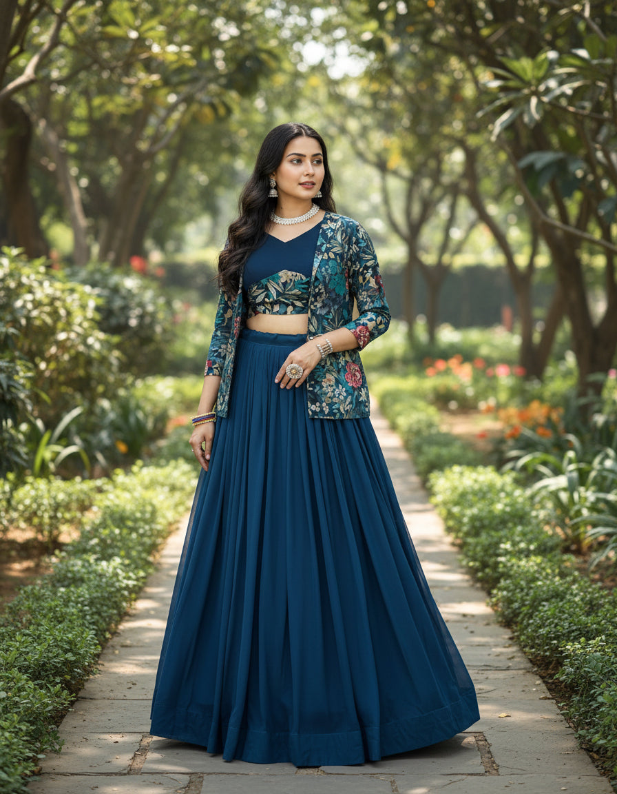 Designer Lehenga Set with Floral Print Jacket