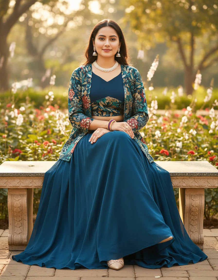 Designer Lehenga Set with Floral Print Jacket