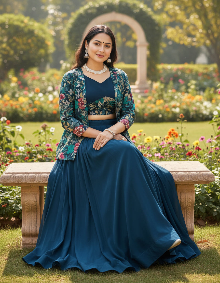 Designer Lehenga Set with Floral Print Jacket