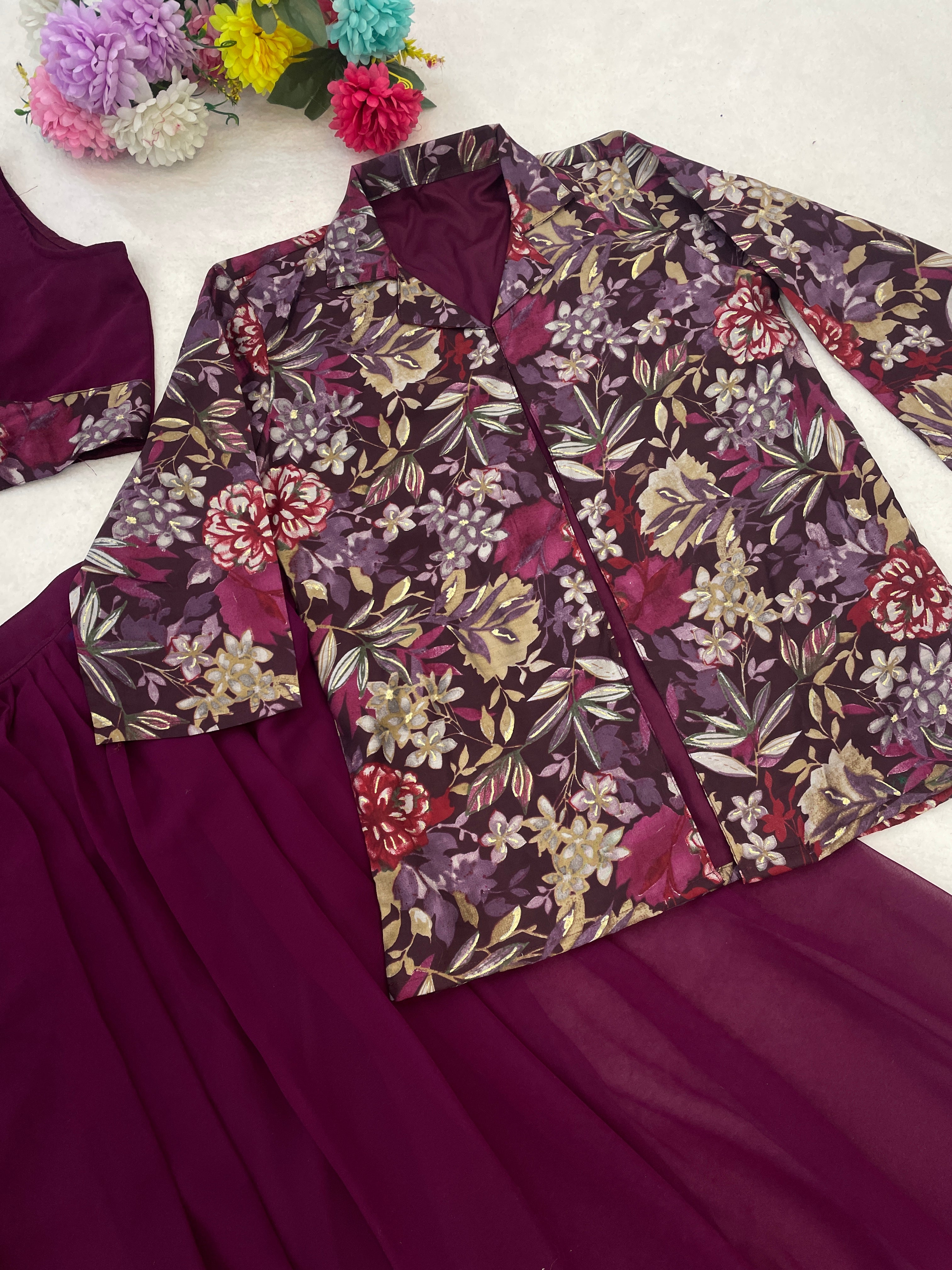 Designer Lehenga Set with Floral Print Jacket