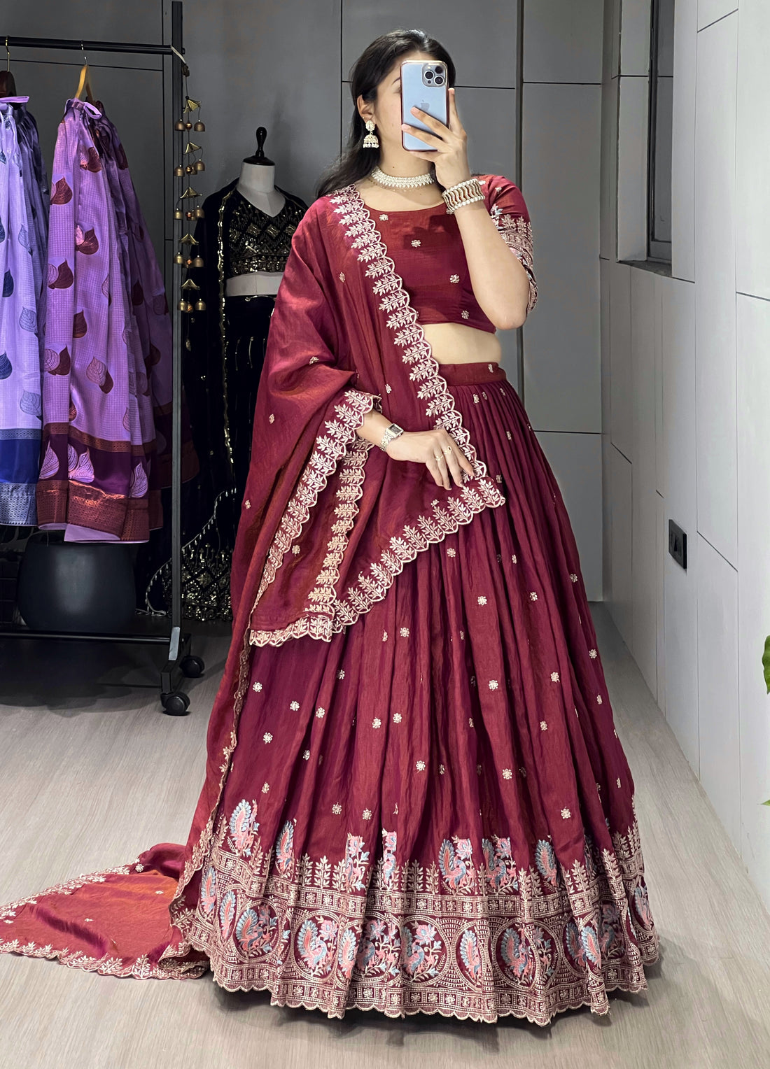 Burgandy Color Vichitraa Thread Embroidery Work Lehenga Choli