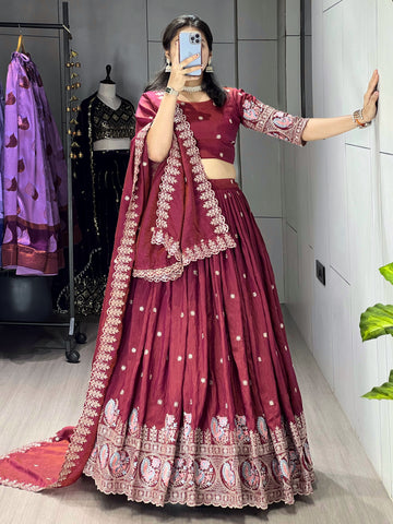 Burgandy Color Vichitraa Thread Embroidery Work Lehenga Choli