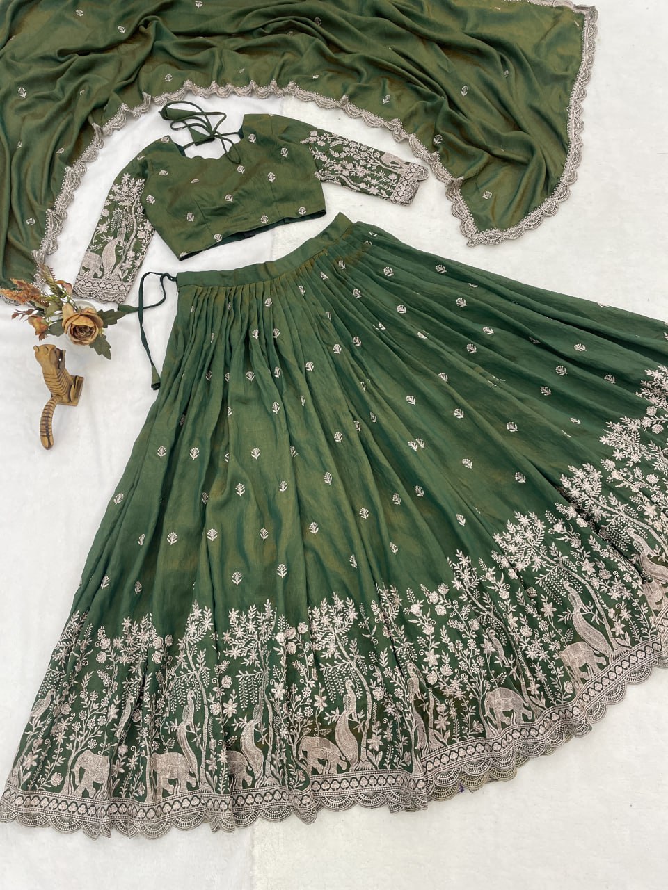 Classical Olive Green Embroidery Fully Stitched Premium Lehenga Sets