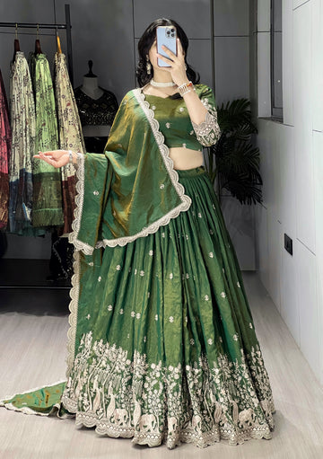 Classical Olive Green Embroidery Fully Stitched Premium Lehenga Sets