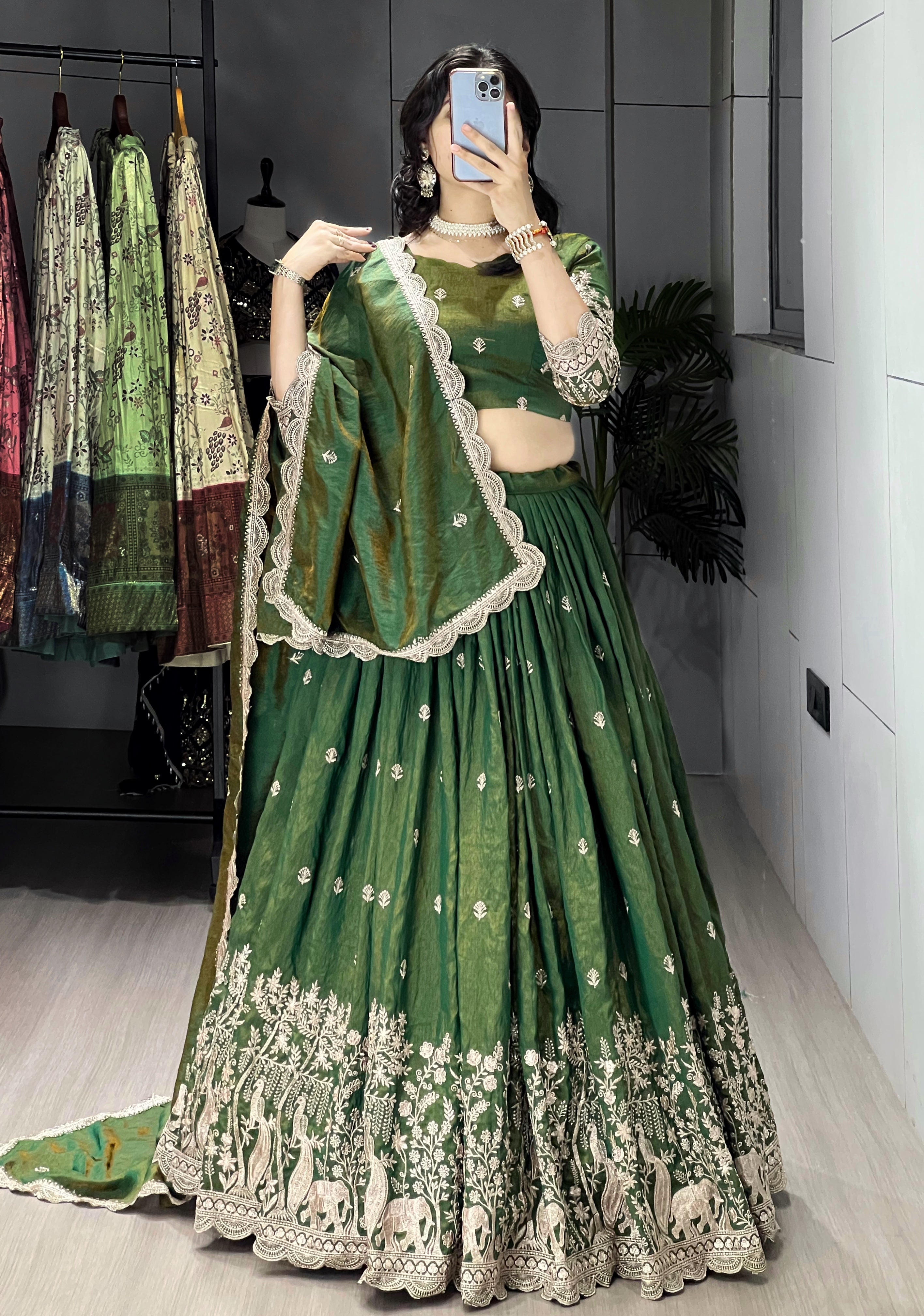 Classical Olive Green Embroidery Fully Stitched Premium Lehenga Sets