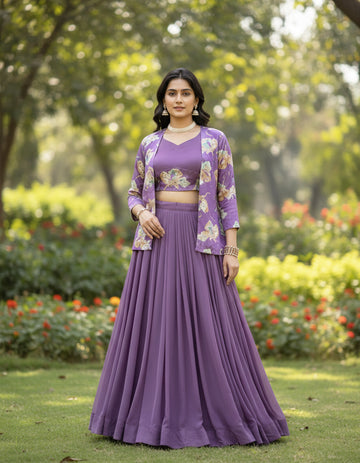 Lavender Purple 3-Piece Lehenga Choli Set with Printed Shrug Jacket
