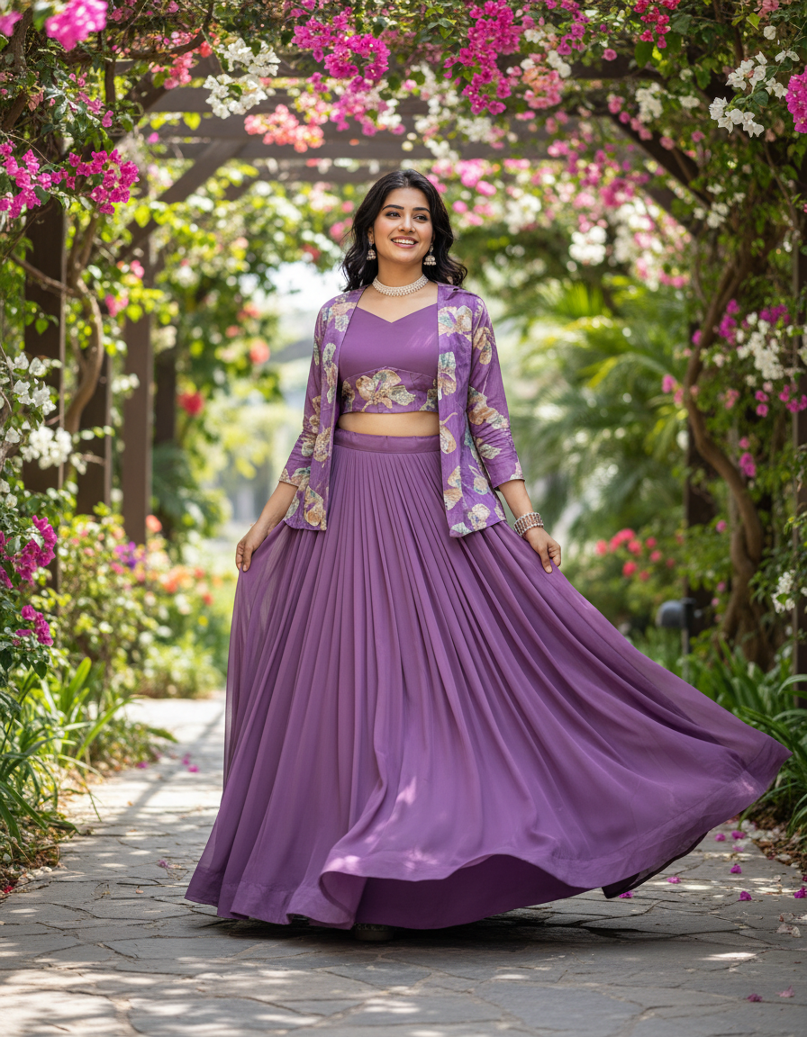 Lavender Purple 3-Piece Lehenga Choli Set with Printed Shrug Jacket