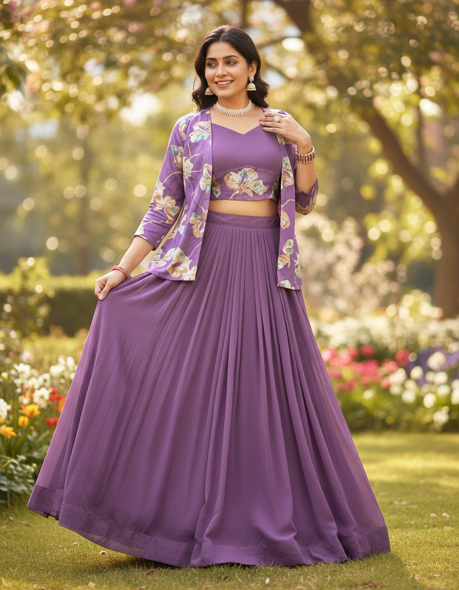 Lavender Purple 3-Piece Lehenga Choli Set with Printed Shrug Jacket