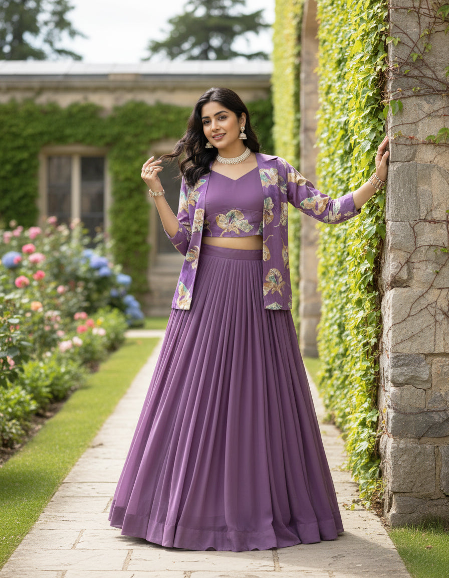 Lavender Purple 3-Piece Lehenga Choli Set with Printed Shrug Jacket