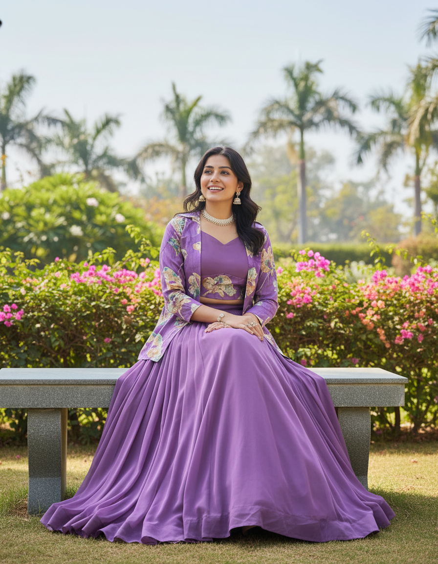 Lavender Purple 3-Piece Lehenga Choli Set with Printed Shrug Jacket