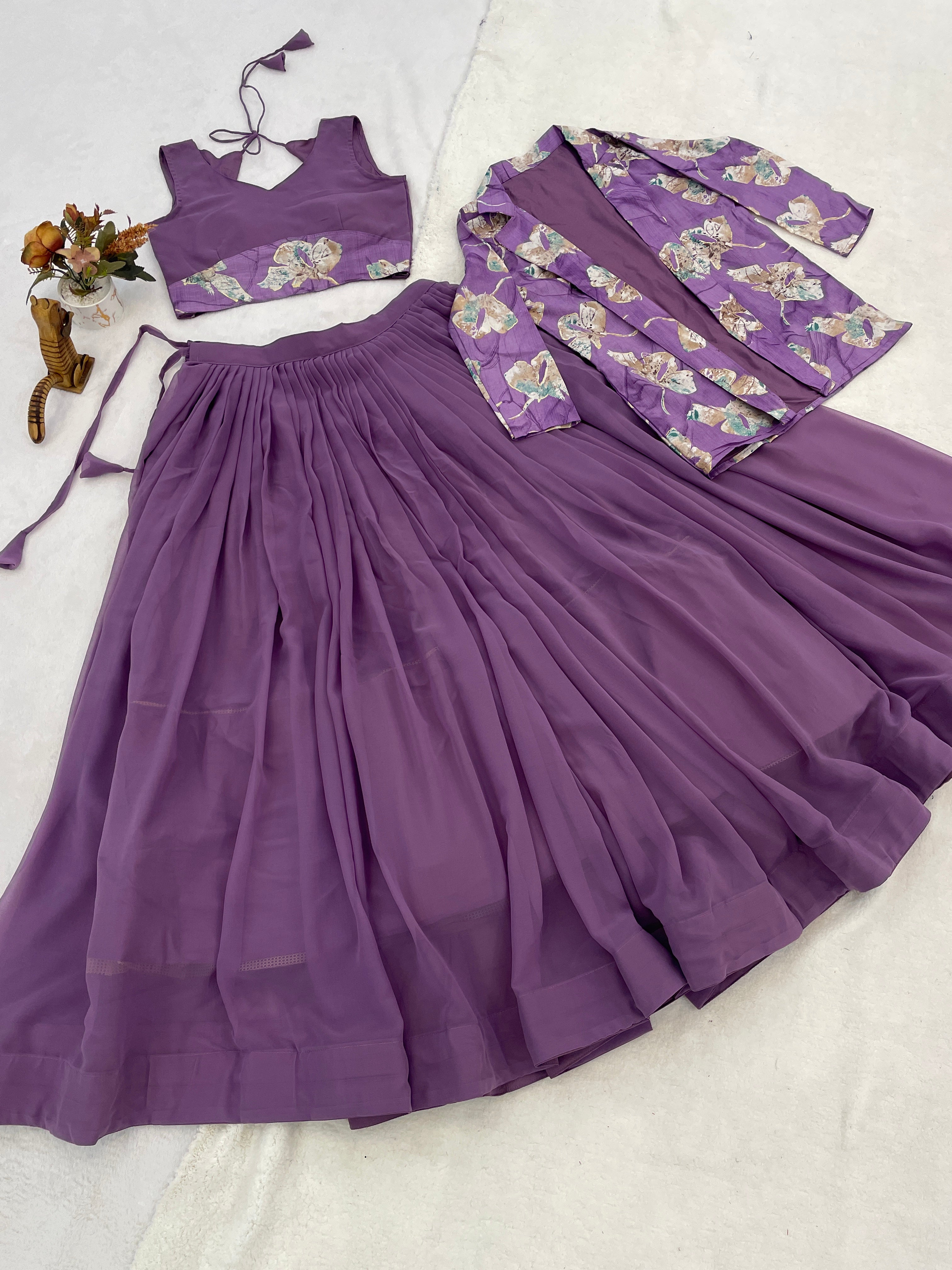 Lavender Purple 3-Piece Lehenga Choli Set with Printed Shrug Jacket
