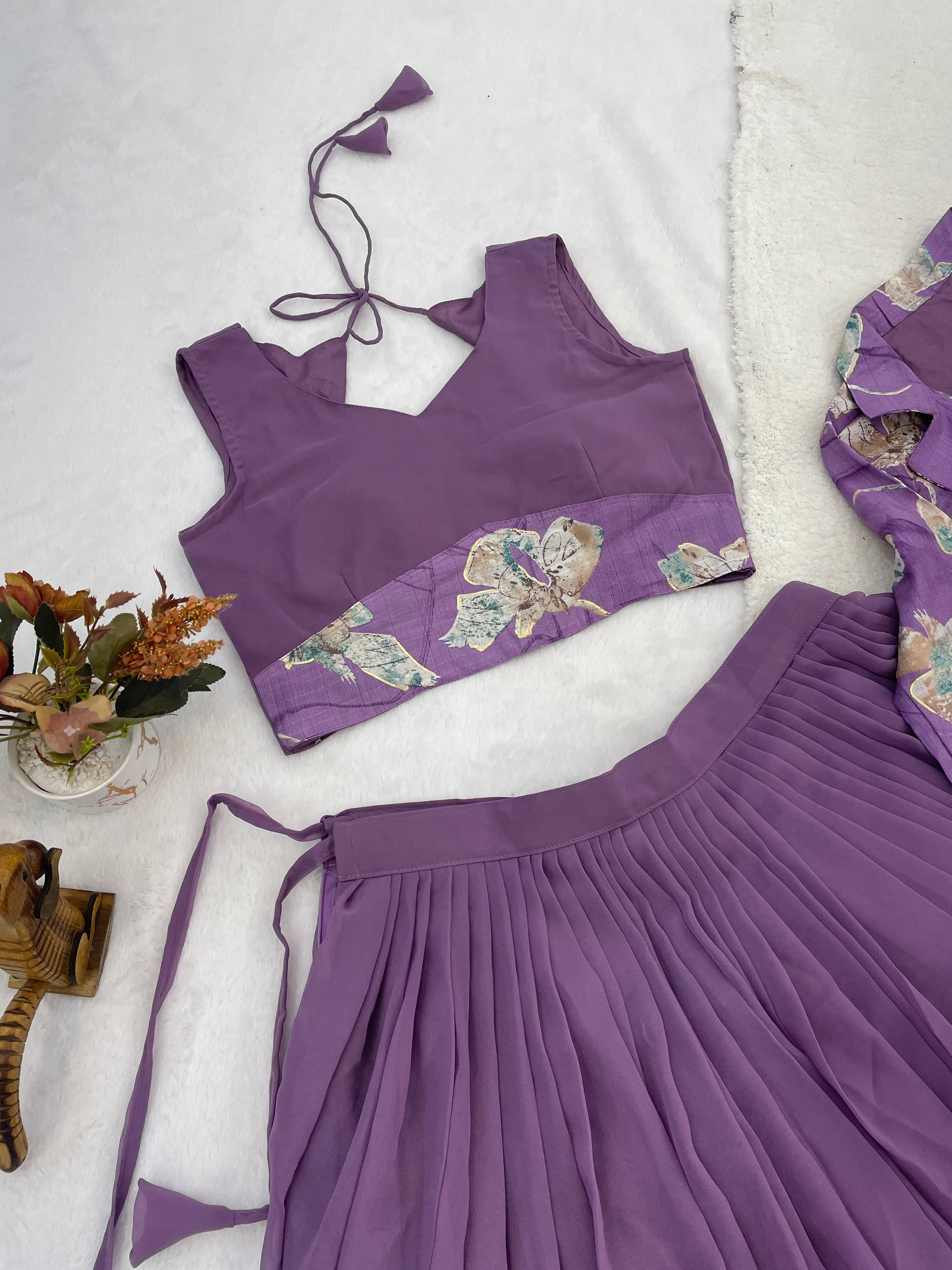 Lavender Purple 3-Piece Lehenga Choli Set with Printed Shrug Jacket
