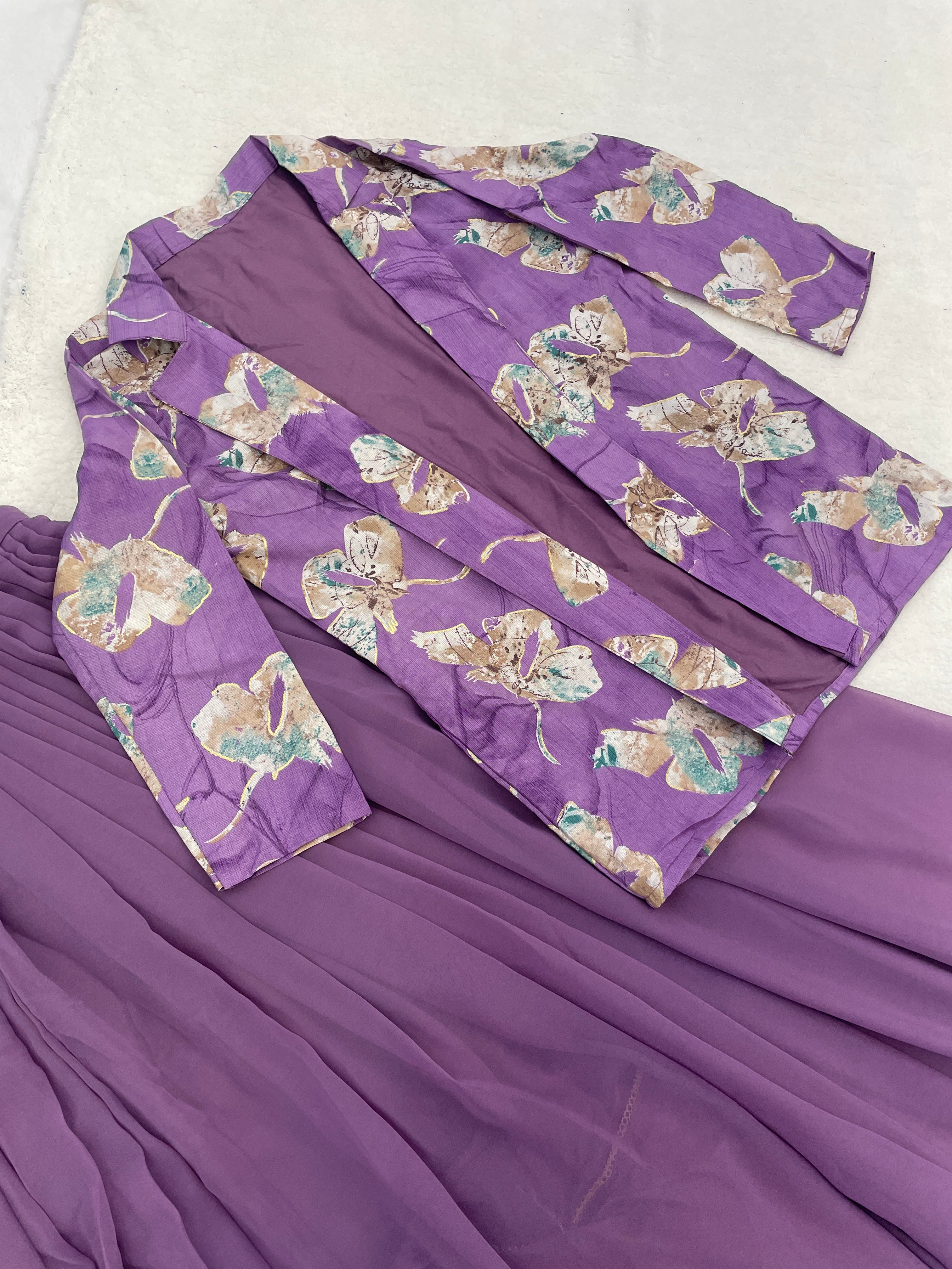 Lavender Purple 3-Piece Lehenga Choli Set with Printed Shrug Jacket