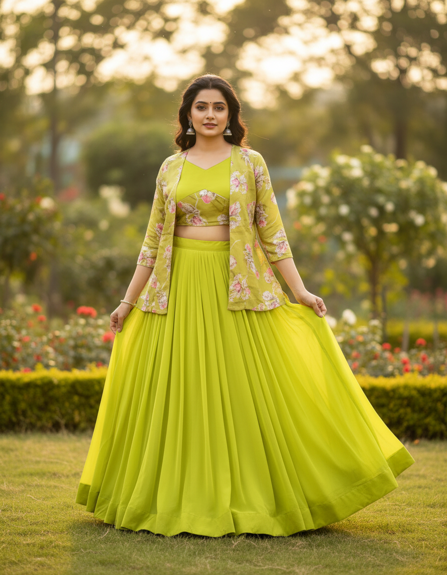 Lavender Purple 3-Piece Lehenga Choli Set with Printed Shrug Jacket
