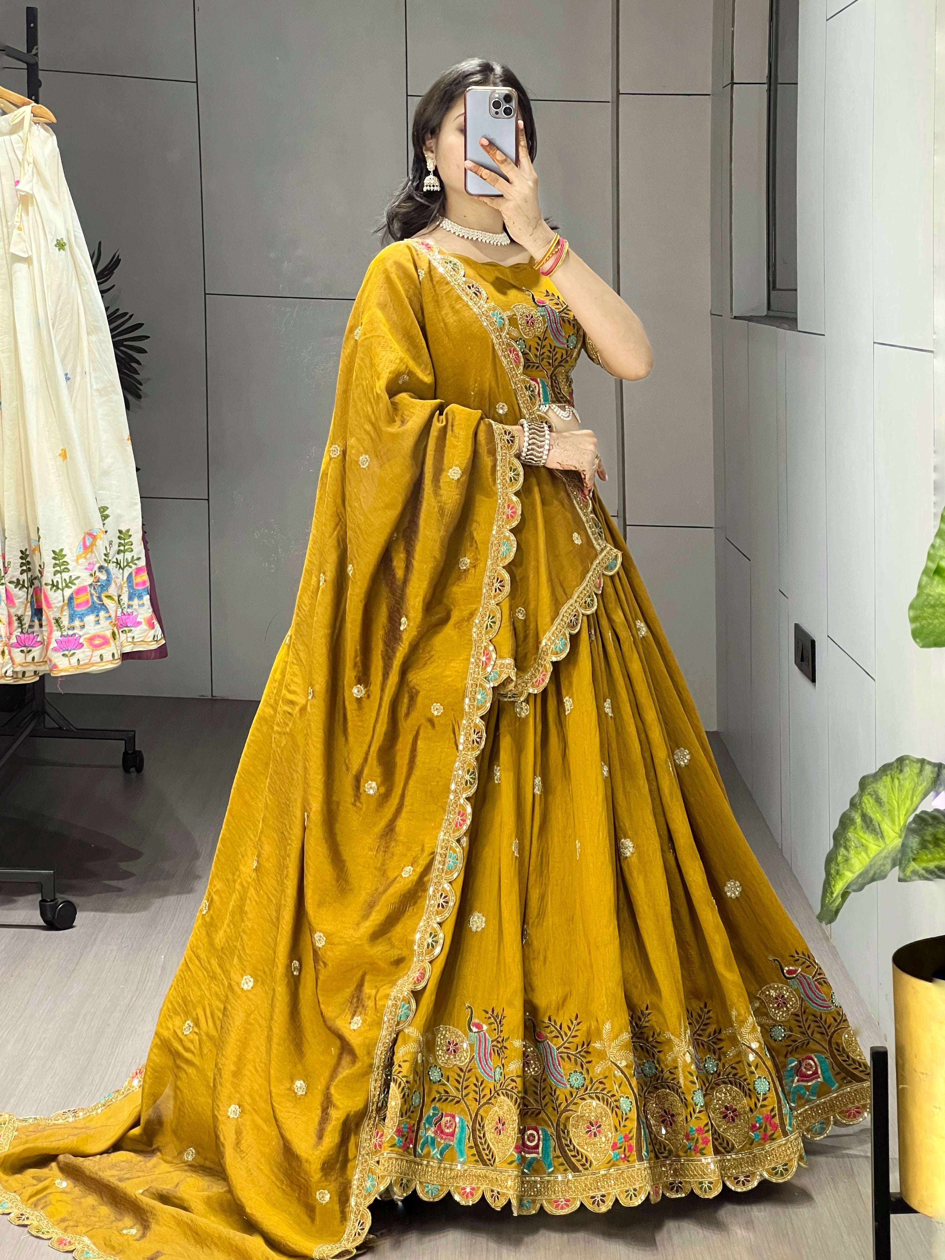 Designer Musturd Heavy Embroidery Lehenga With Fully Stitched Blouse