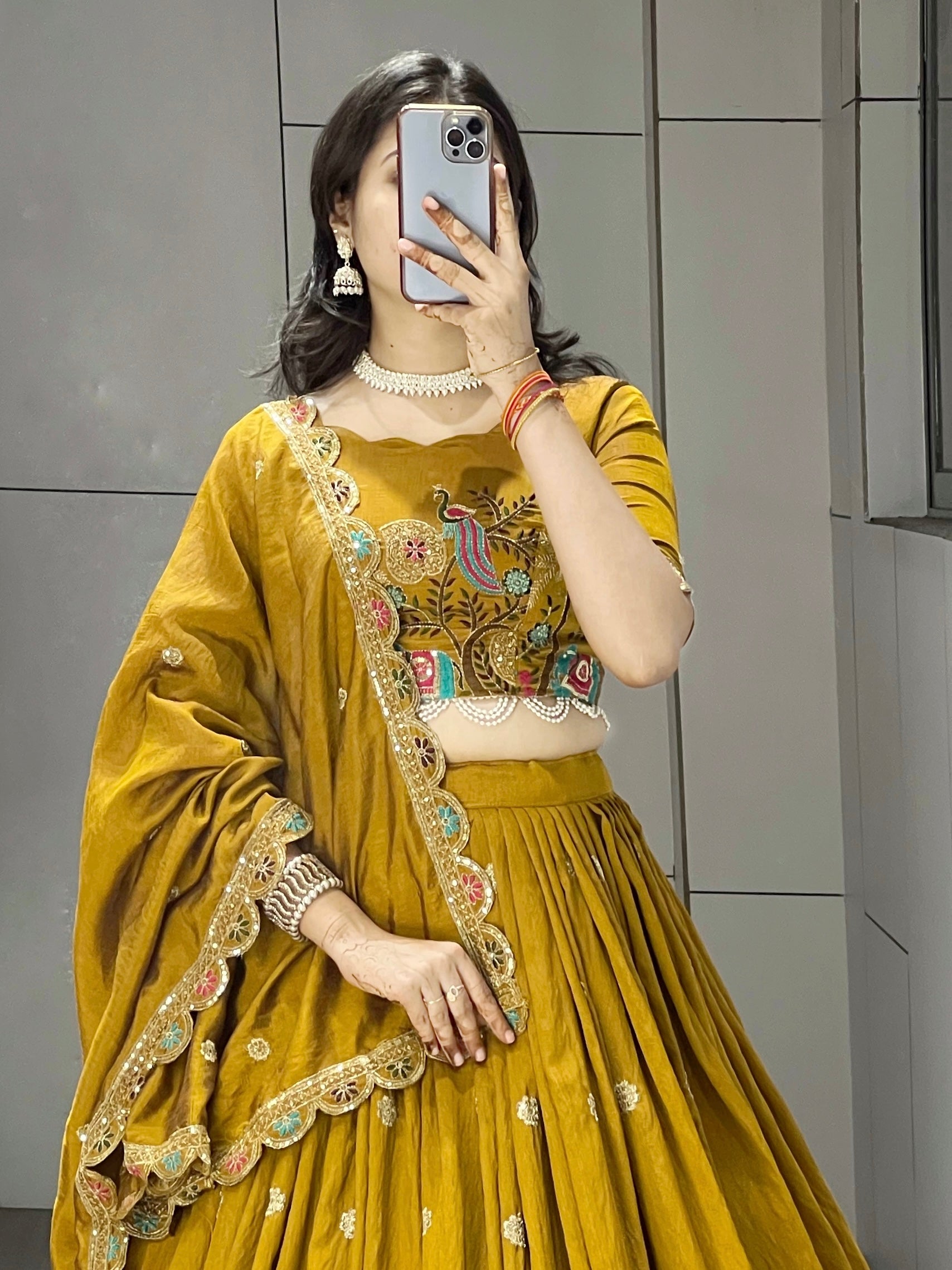 Designer Musturd Heavy Embroidery Lehenga With Fully Stitched Blouse