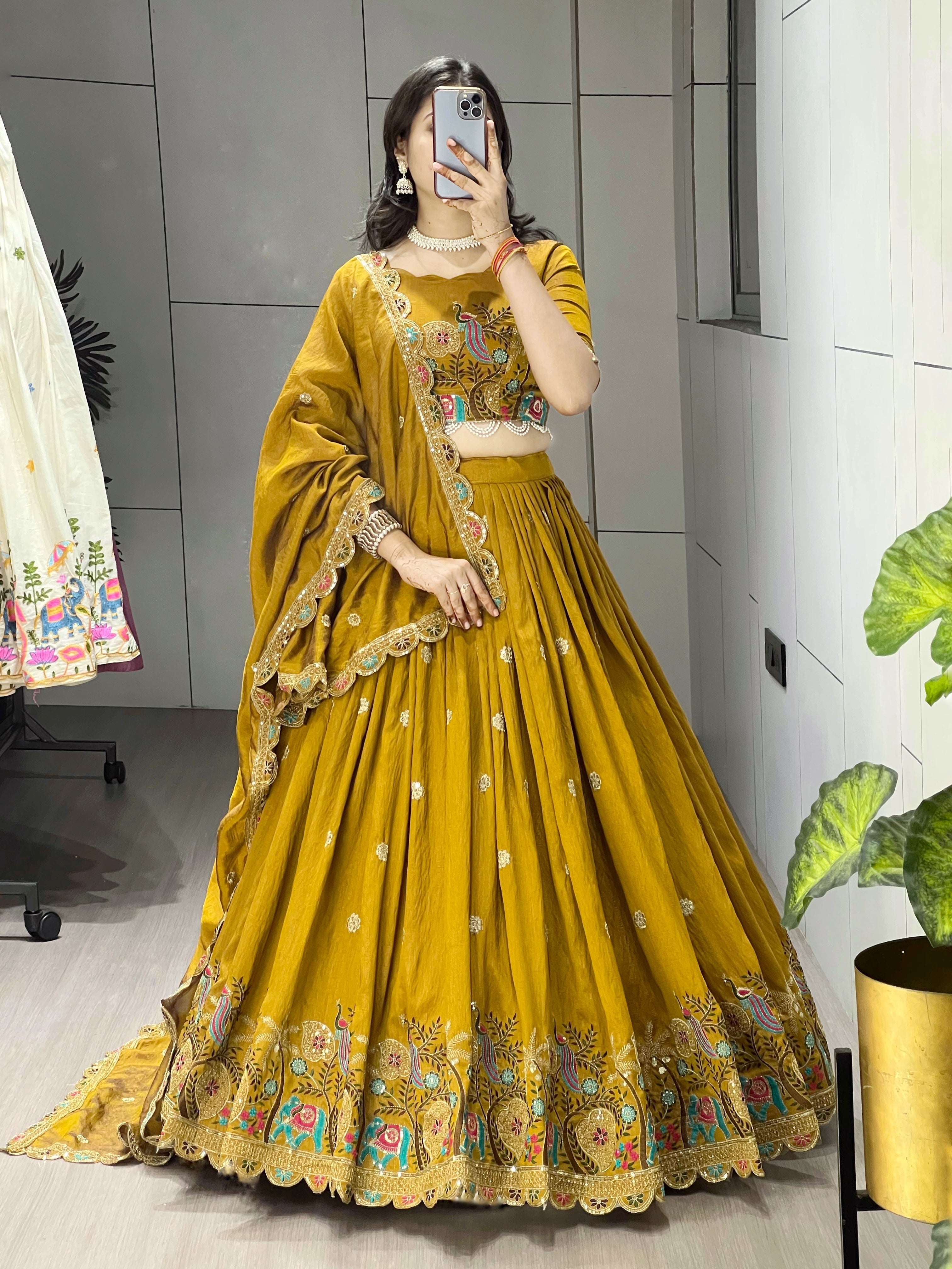 Designer Musturd Heavy Embroidery Lehenga With Fully Stitched Blouse