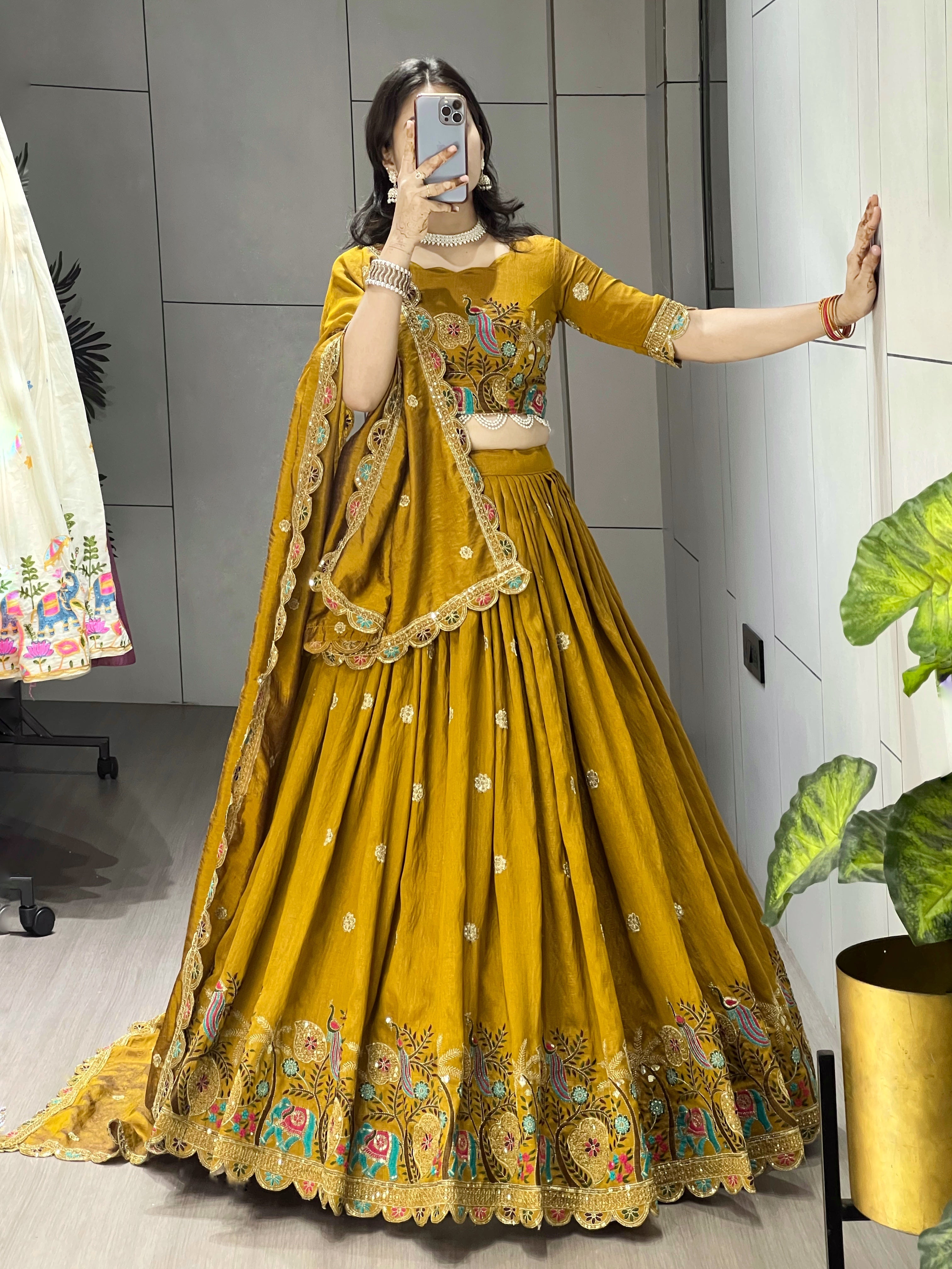 Designer Musturd Heavy Embroidery Lehenga With Fully Stitched Blouse