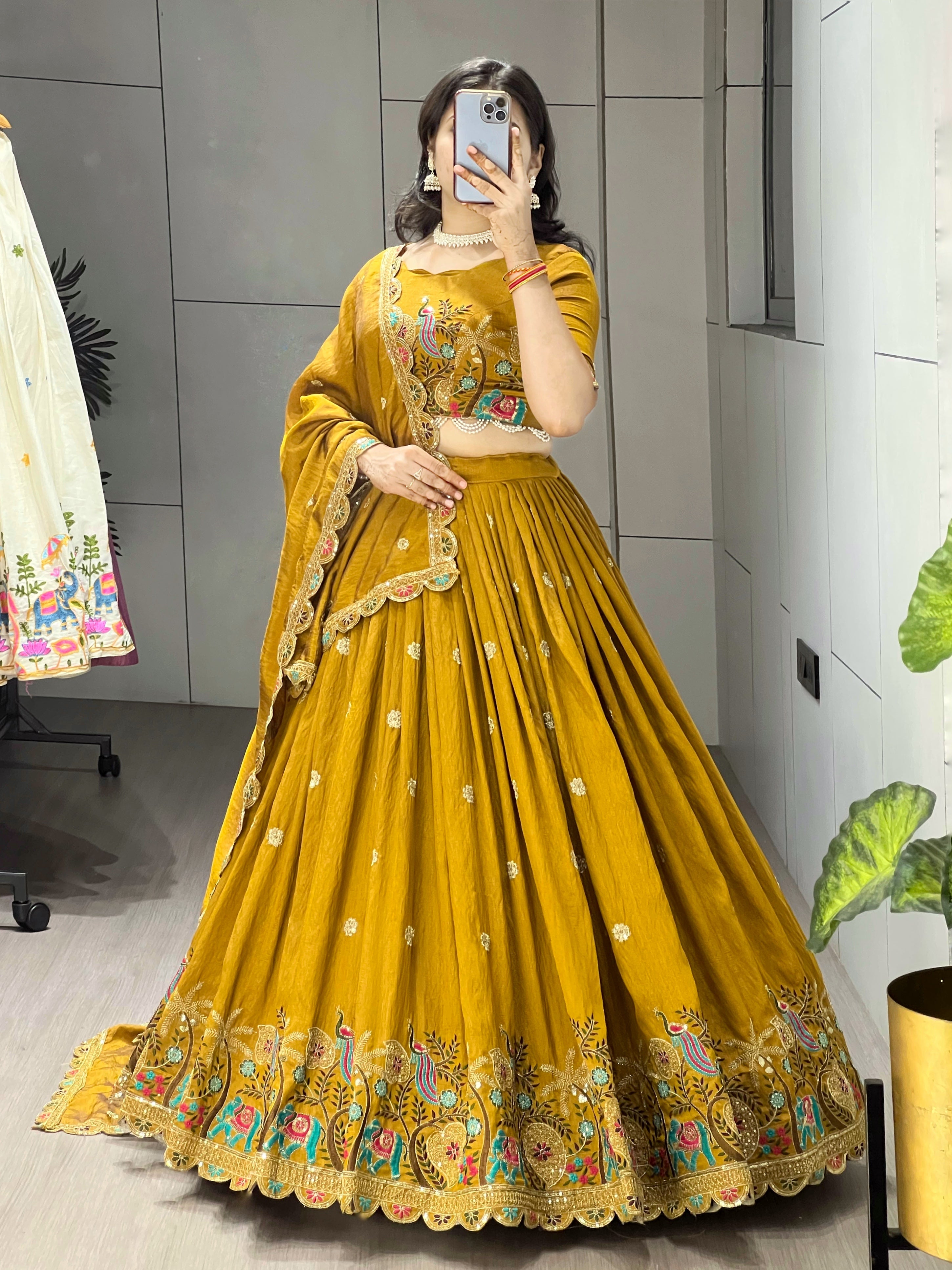 Designer Musturd Heavy Embroidery Lehenga With Fully Stitched Blouse