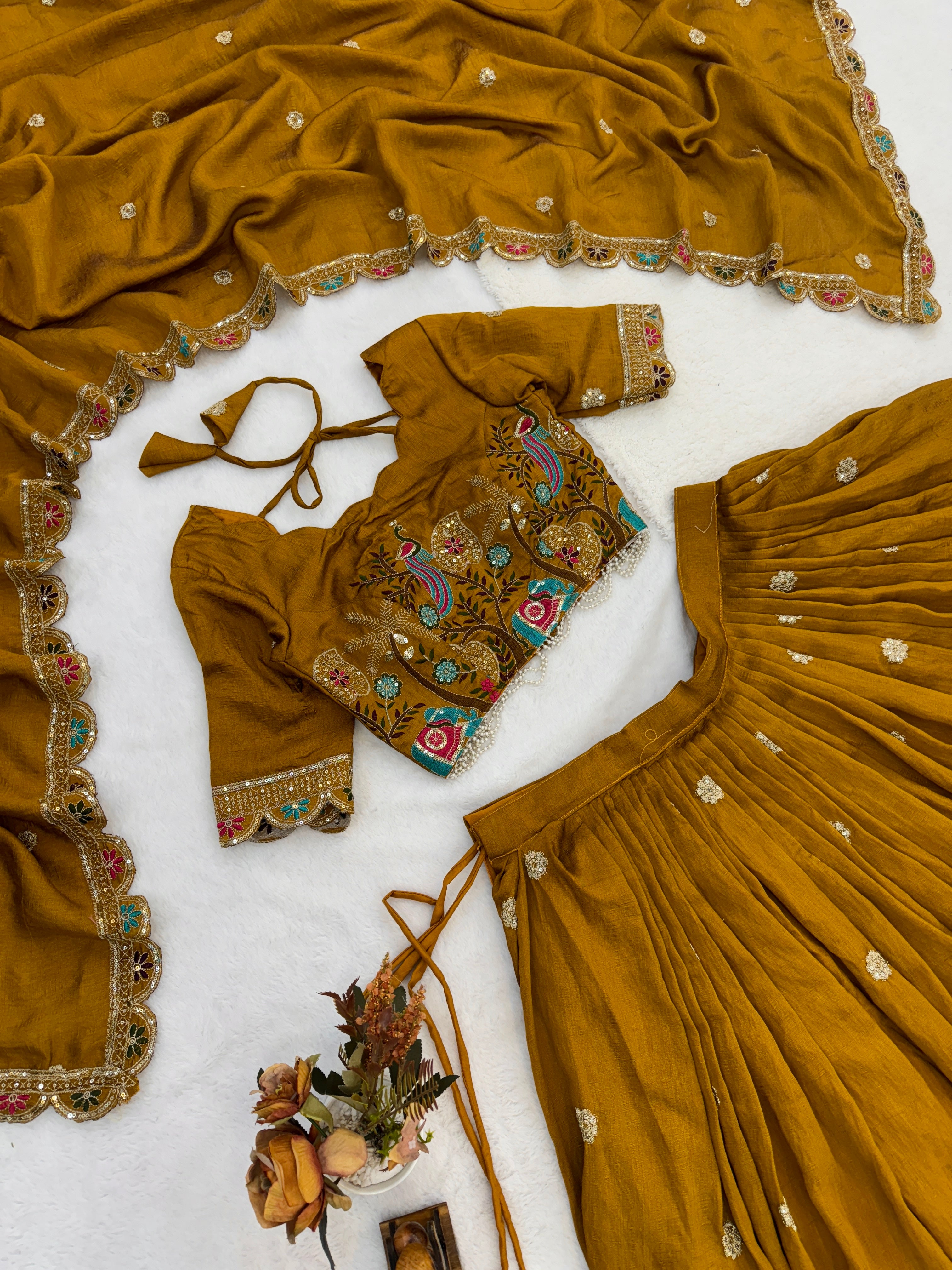 Designer Musturd Heavy Embroidery Lehenga With Fully Stitched Blouse