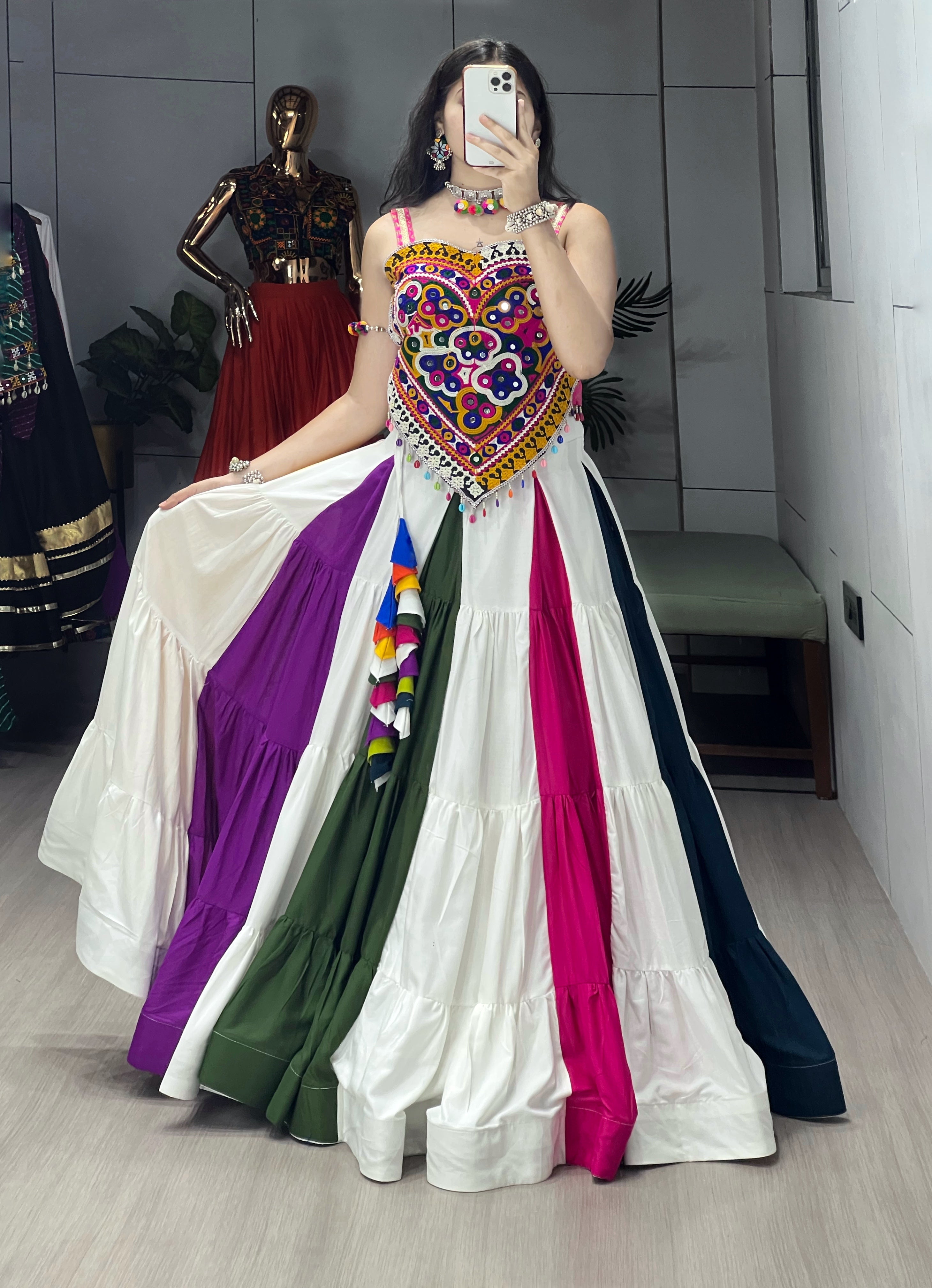 Rayon Mirror work Multi Color Navratri Special Chaniya Choli
