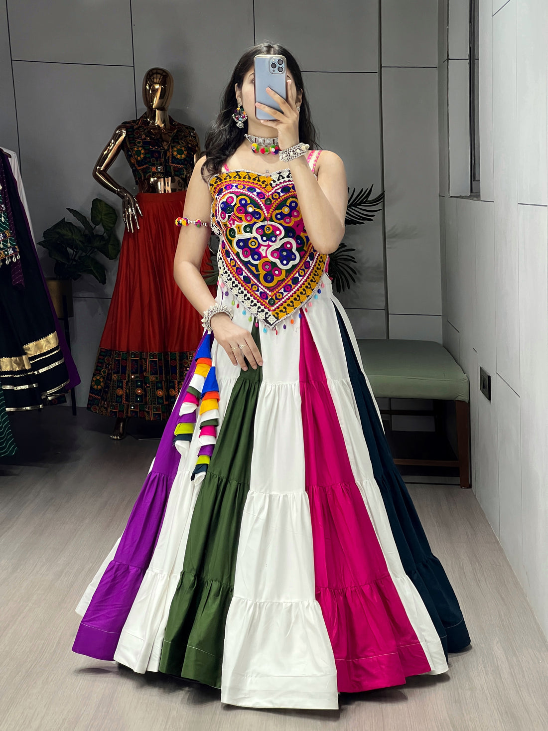 Rayon Mirror work Multi Color Navratri Special Chaniya Choli