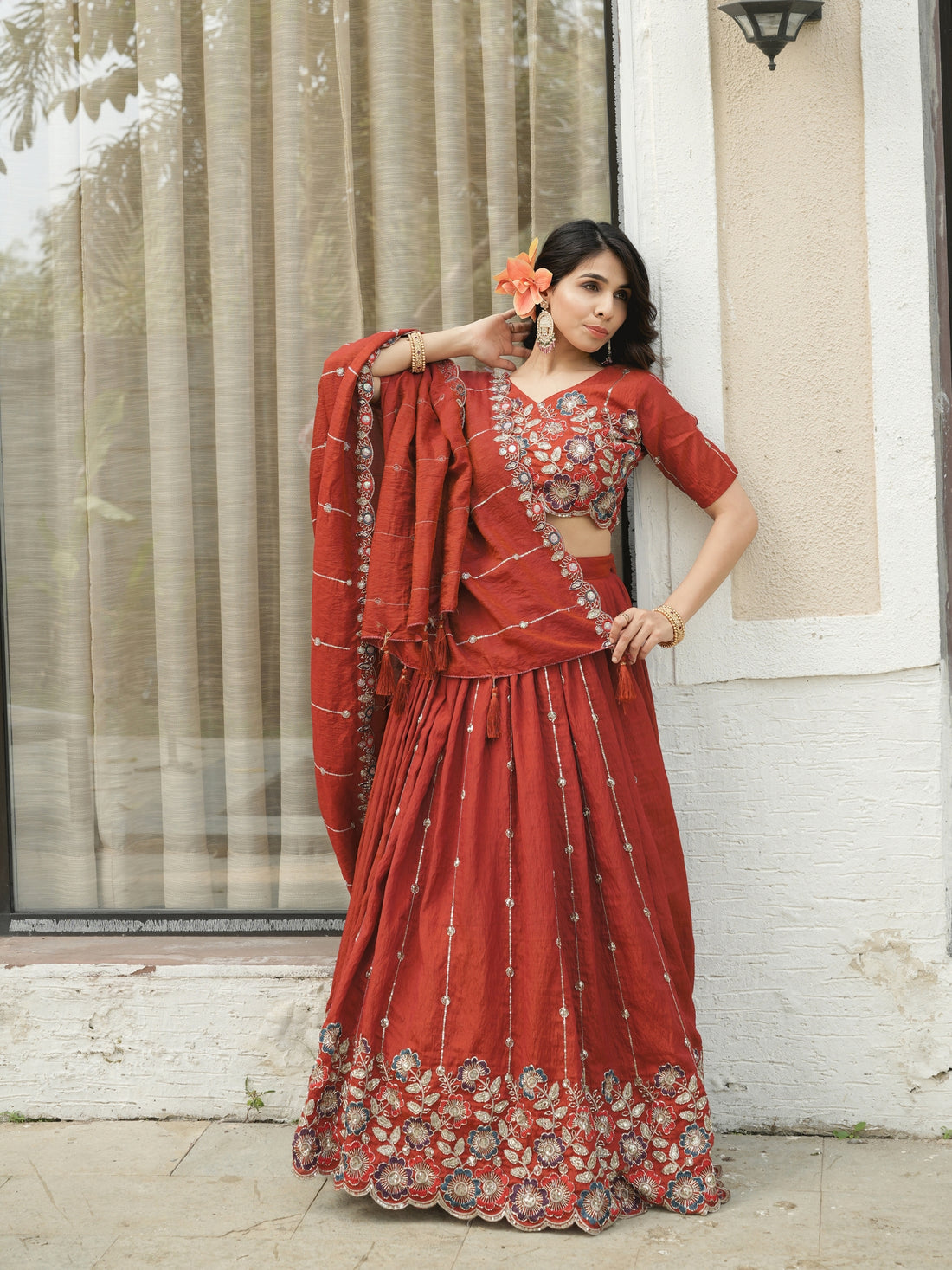 Rust Orange Embroidery Pipe Bead With Traditional Work Lehenga