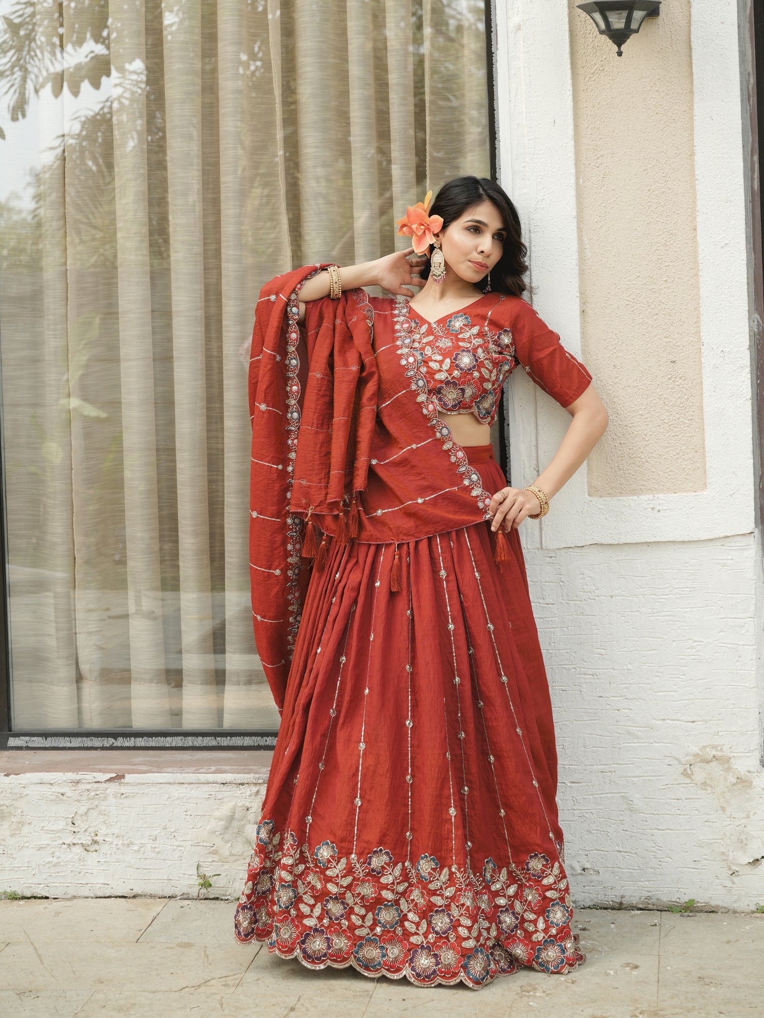 Rust Orange Embroidery Pipe Bead With Traditional Work Lehenga