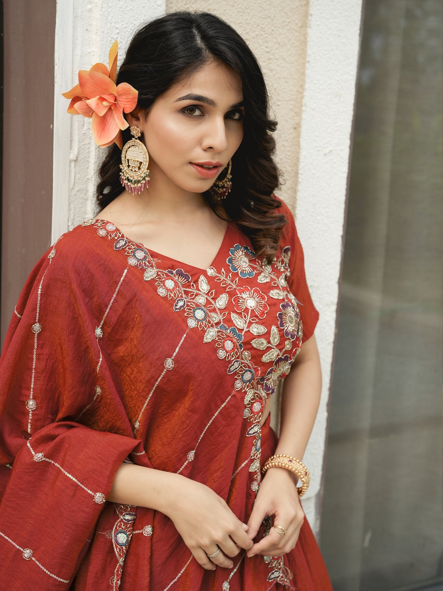 Rust Orange Embroidery Pipe Bead With Traditional Work Lehenga