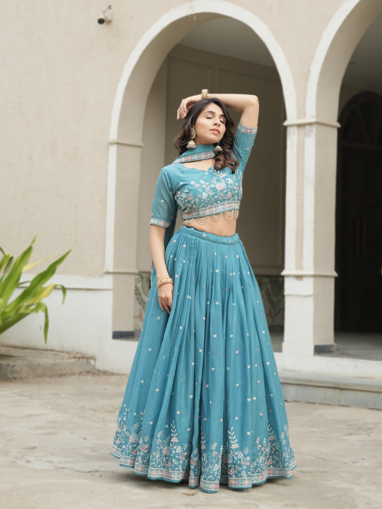 Sky Wedding Embroidery Bead With Traditional Work Lehenga Choli