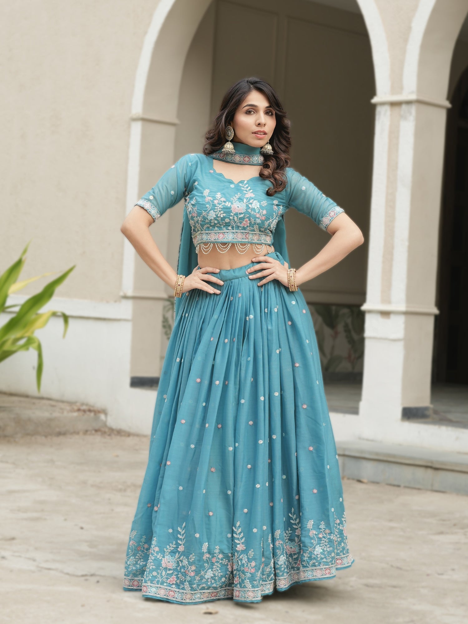 Sky Wedding Embroidery Bead With Traditional Work Lehenga Choli