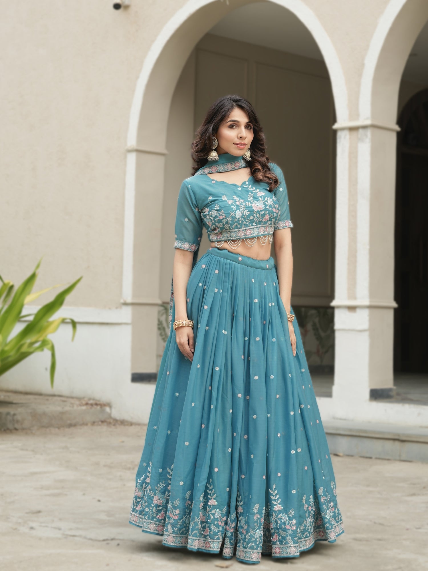 Sky Wedding Embroidery Bead With Traditional Work Lehenga Choli