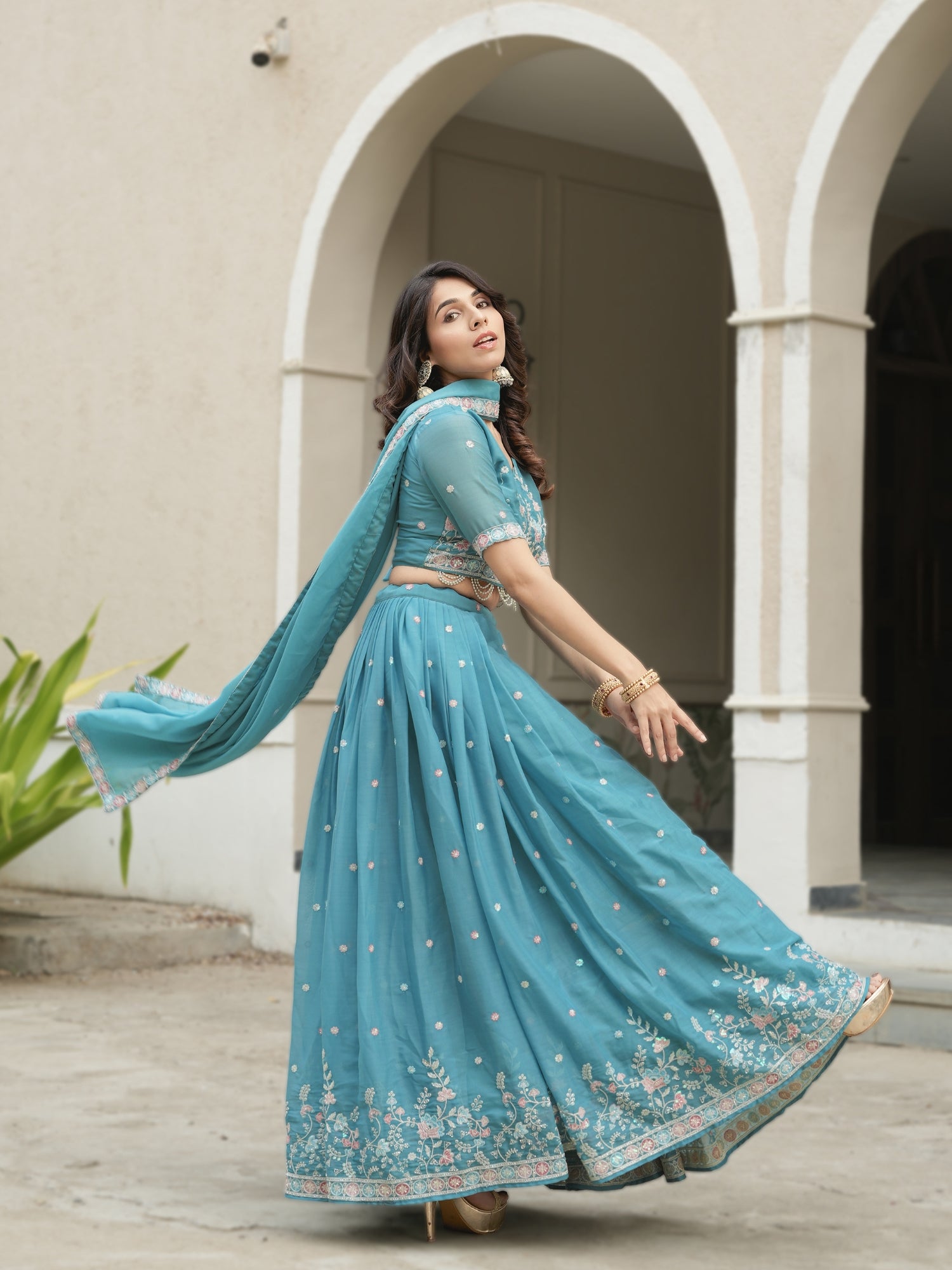 Sky Wedding Embroidery Bead With Traditional Work Lehenga Choli