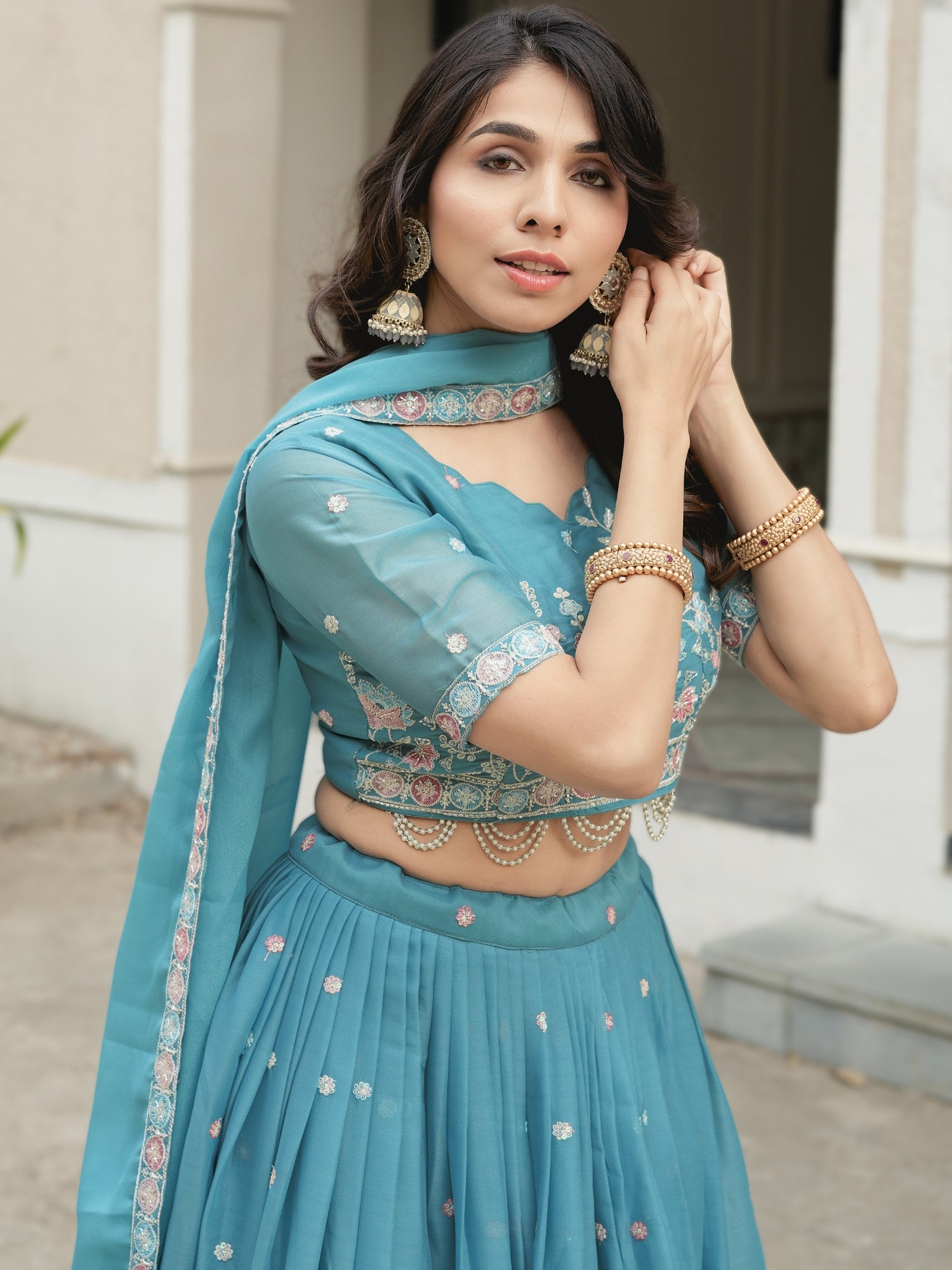 Sky Wedding Embroidery Bead With Traditional Work Lehenga Choli