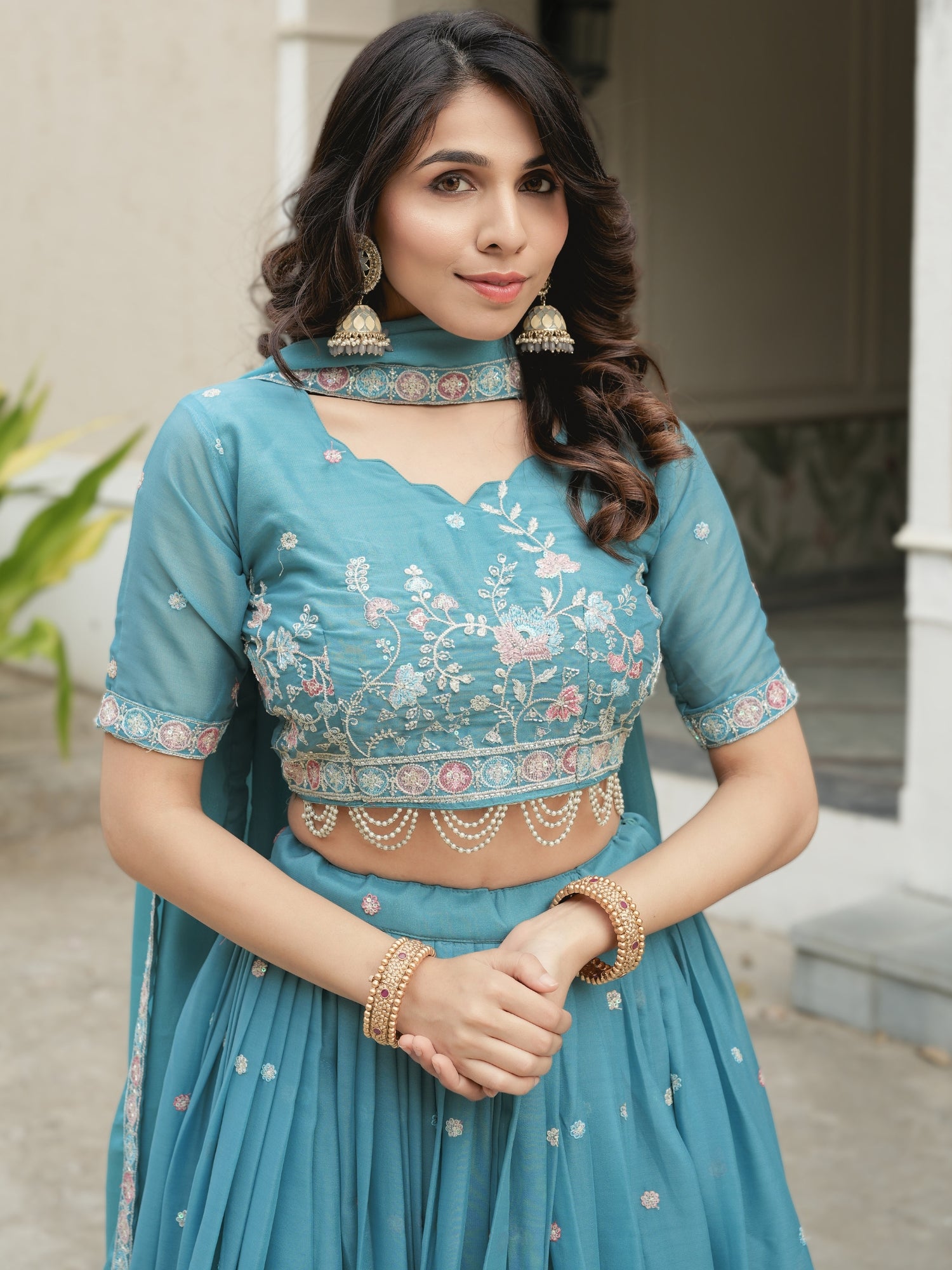 Sky Wedding Embroidery Bead With Traditional Work Lehenga Choli