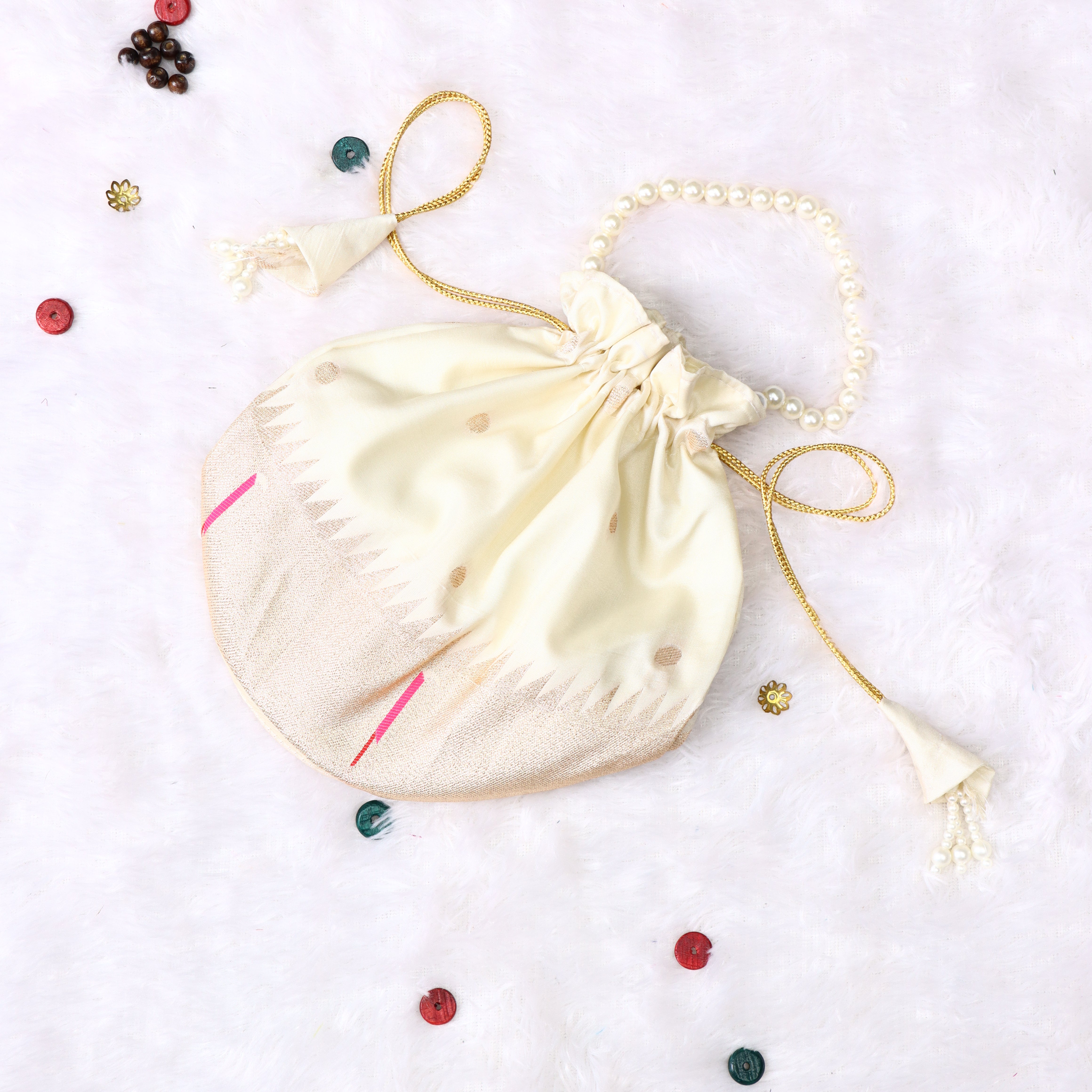 Ivory Paithani Silk Potli Bag – Gold Zari Border & Premium Faux Pearl Strap
