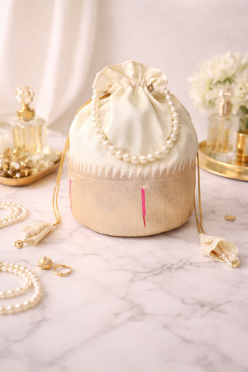 Ivory Paithani Silk Potli Bag – Gold Zari Border & Premium Faux Pearl Strap