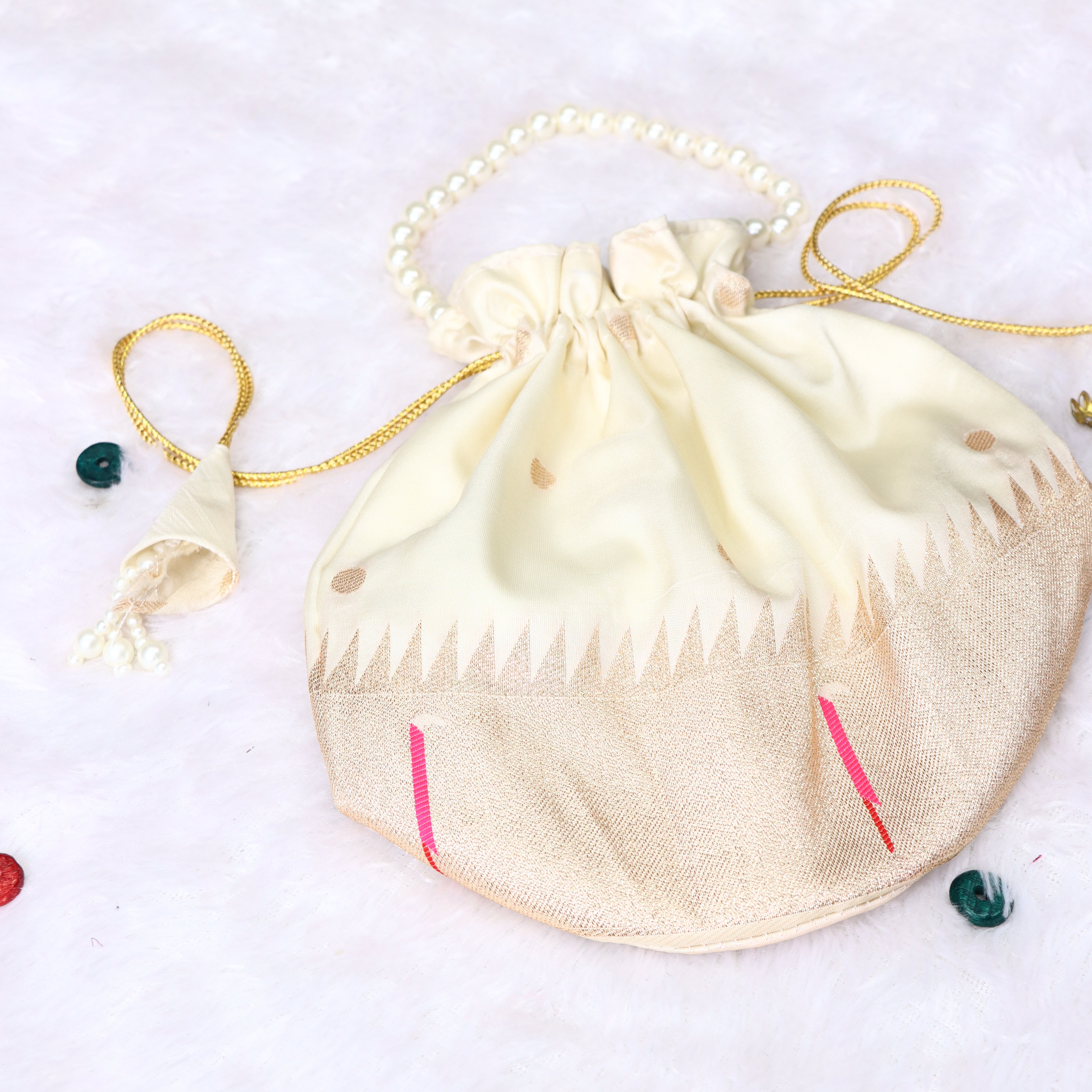 Ivory Paithani Silk Potli Bag – Gold Zari Border & Premium Faux Pearl Strap
