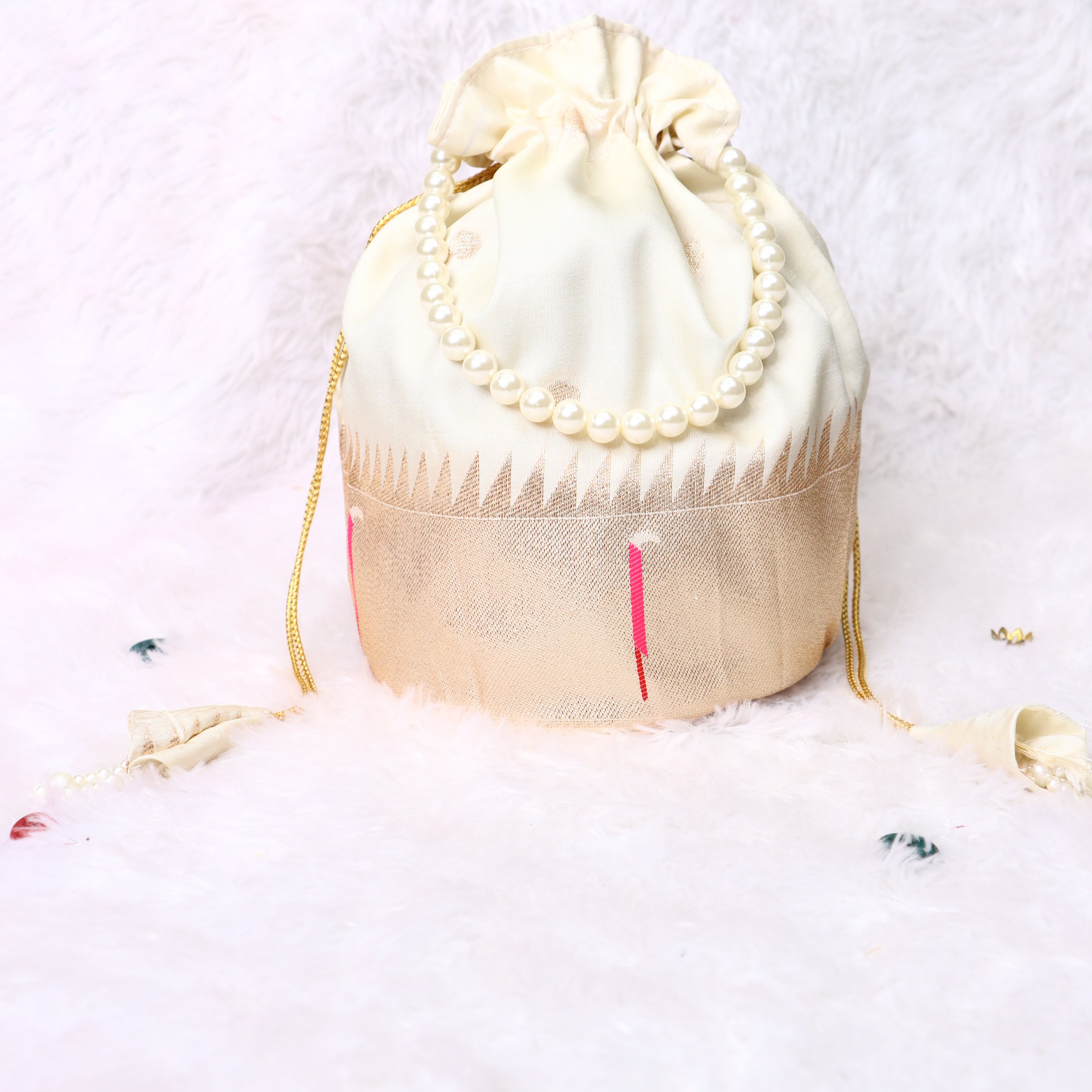 Ivory Paithani Silk Potli Bag – Gold Zari Border & Premium Faux Pearl Strap