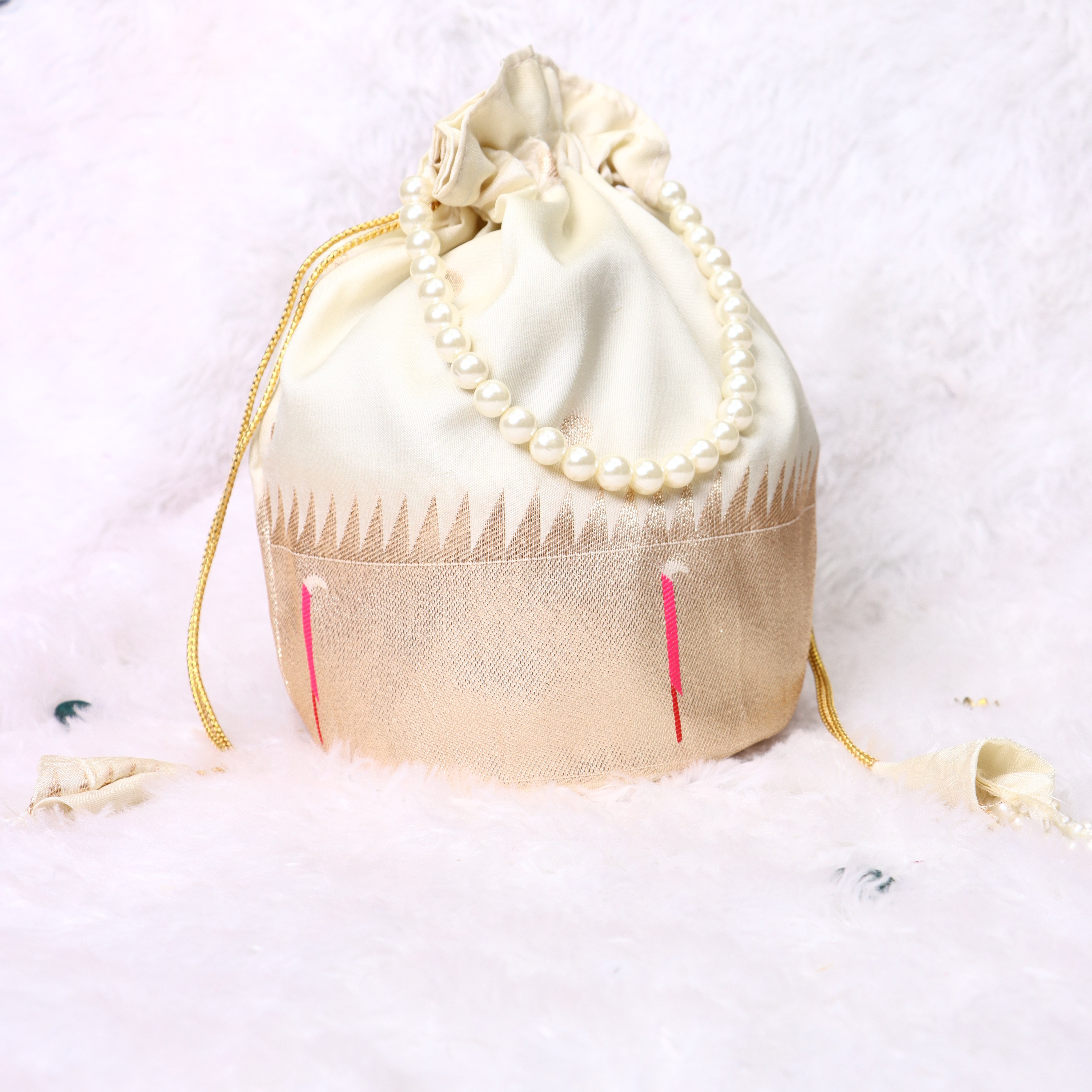 Ivory Paithani Silk Potli Bag – Gold Zari Border & Premium Faux Pearl Strap