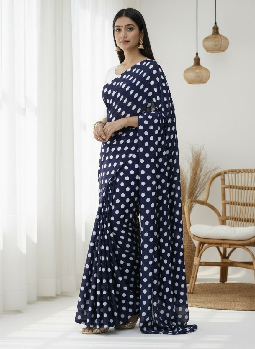 Pure Satin Sarees in Polka Dot prints With Plain Blouse