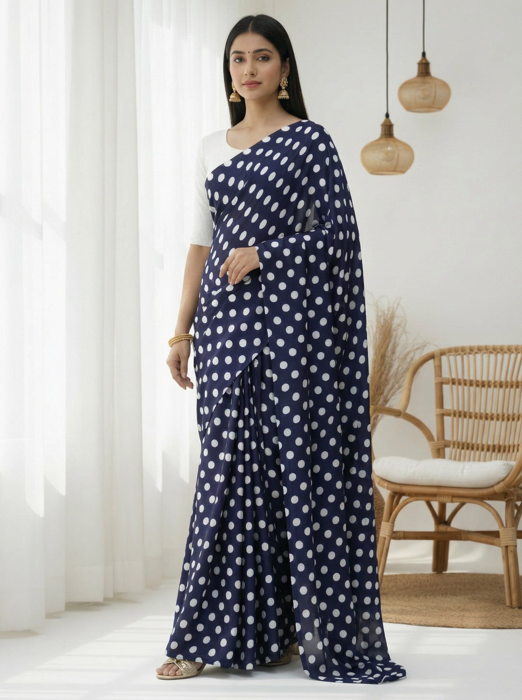 Pure Satin Sarees in Polka Dot prints With Plain Blouse