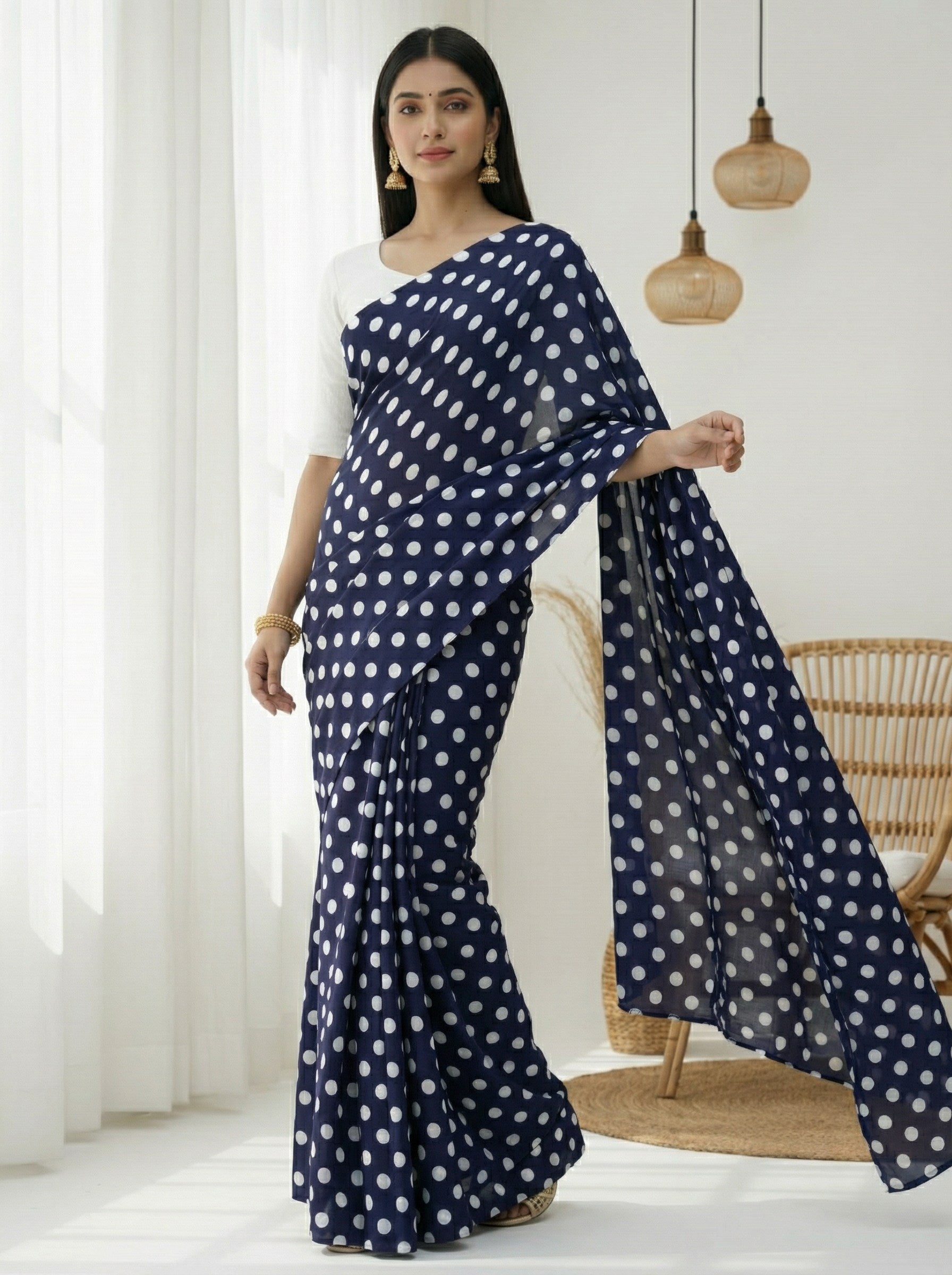 Pure Satin Sarees in Polka Dot prints With Plain Blouse