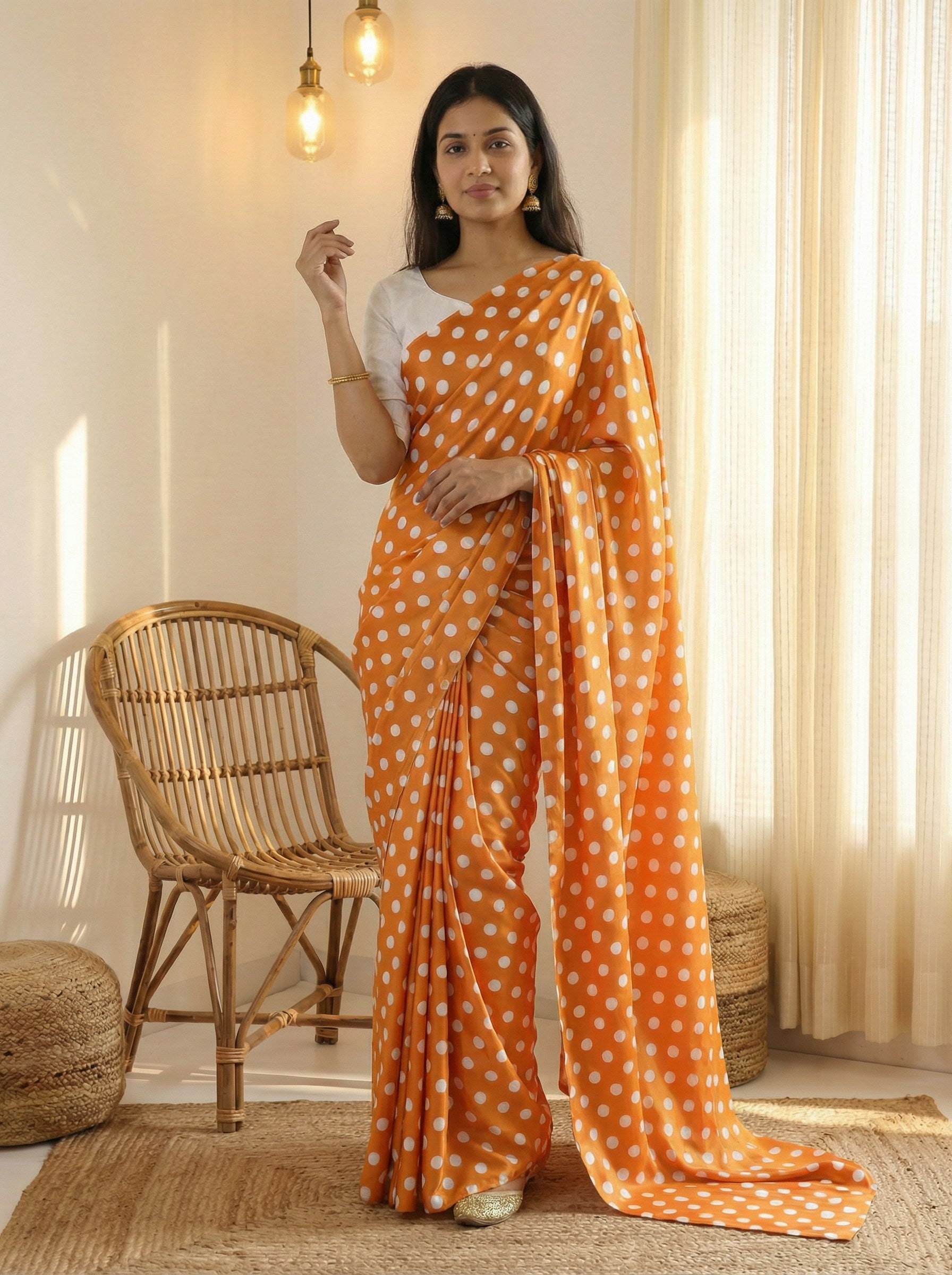 Pure Satin Sarees in Polka Dot prints With Plain Blouse