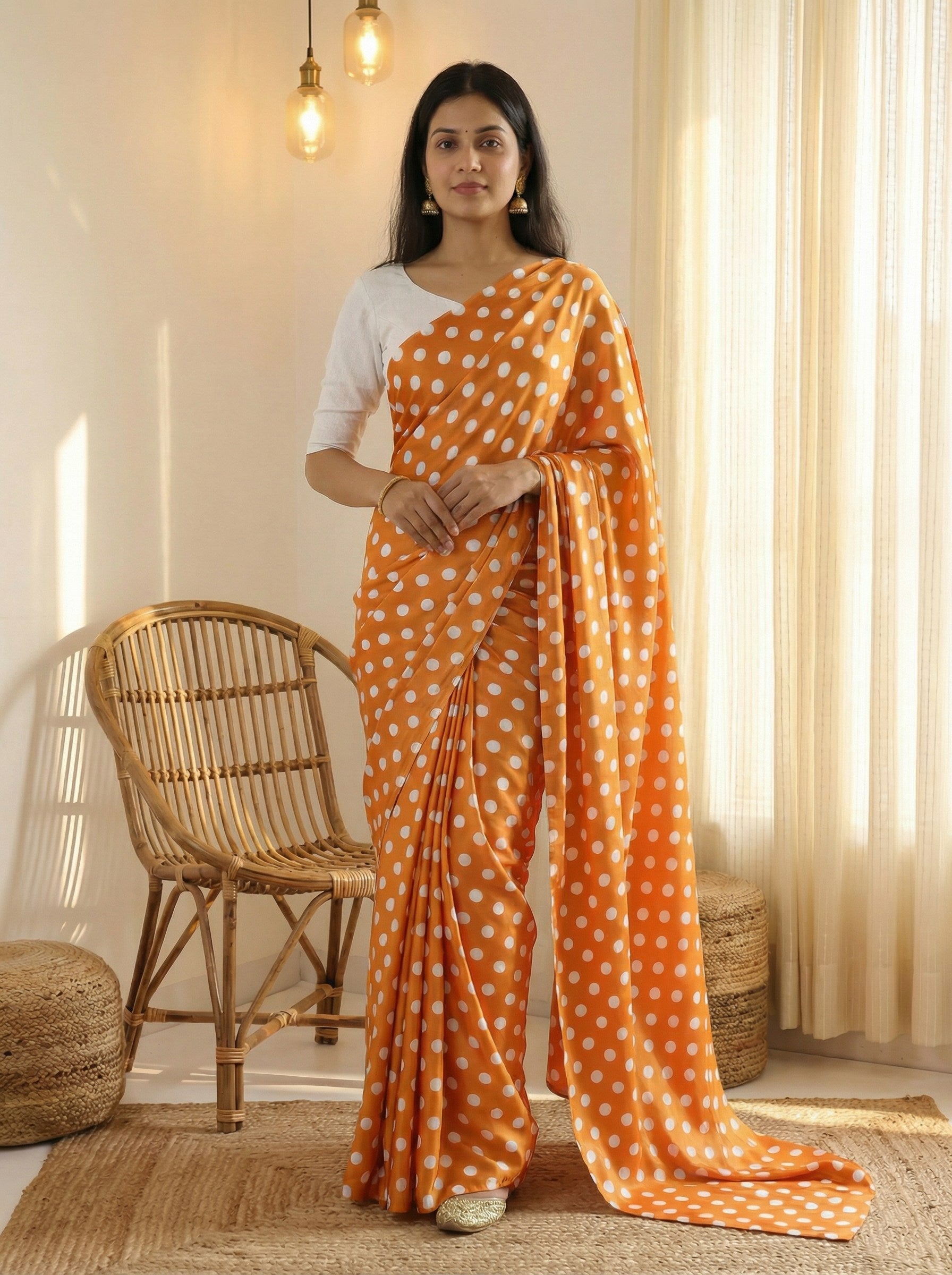 Pure Satin Sarees in Polka Dot prints With Plain Blouse