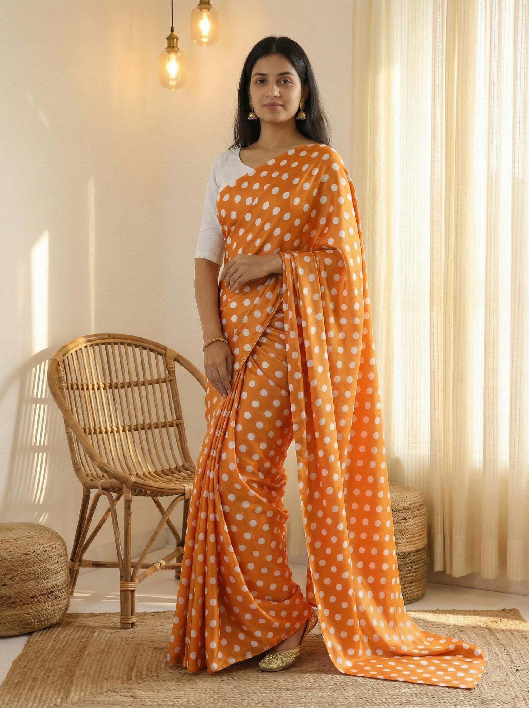 Pure Satin Sarees in Polka Dot prints With Plain Blouse