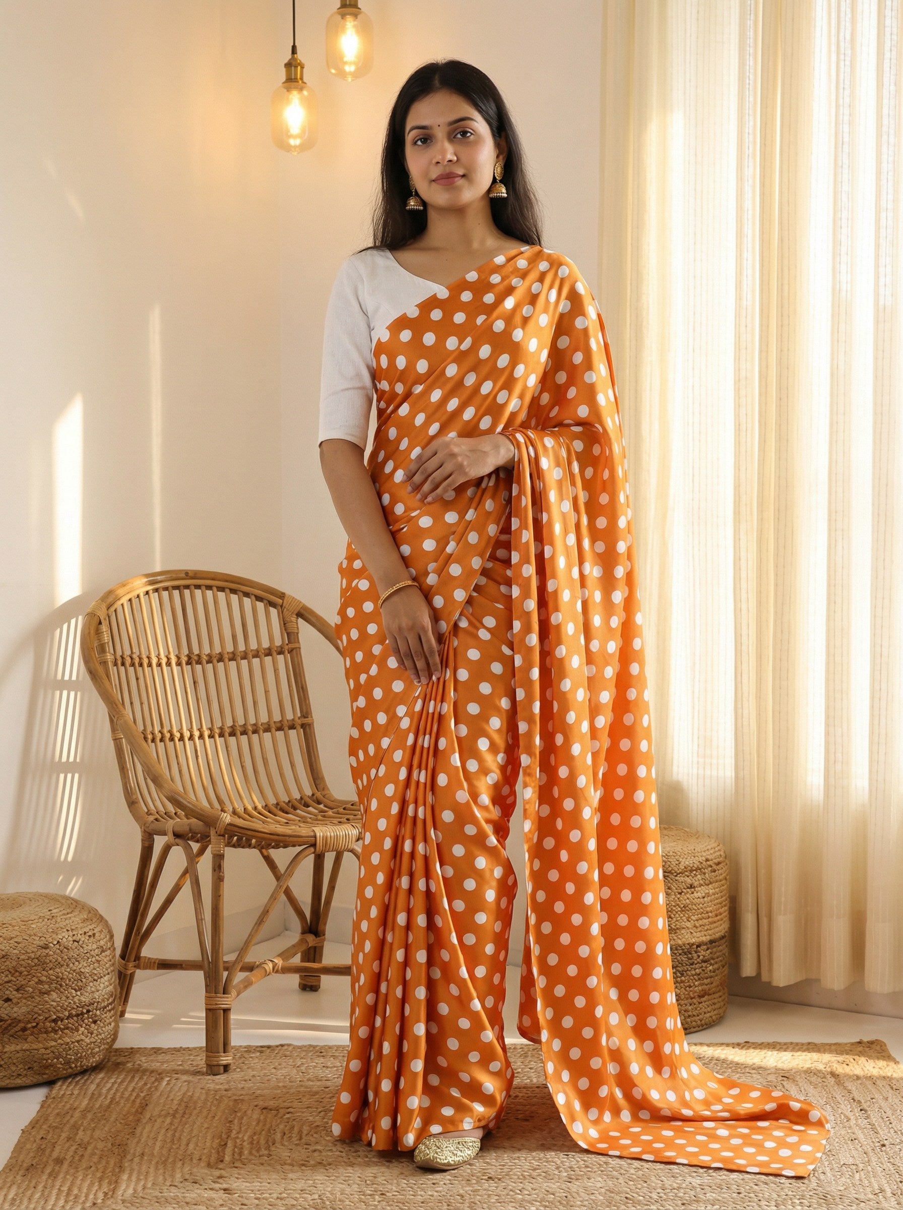 Pure Satin Sarees in Polka Dot prints With Plain Blouse
