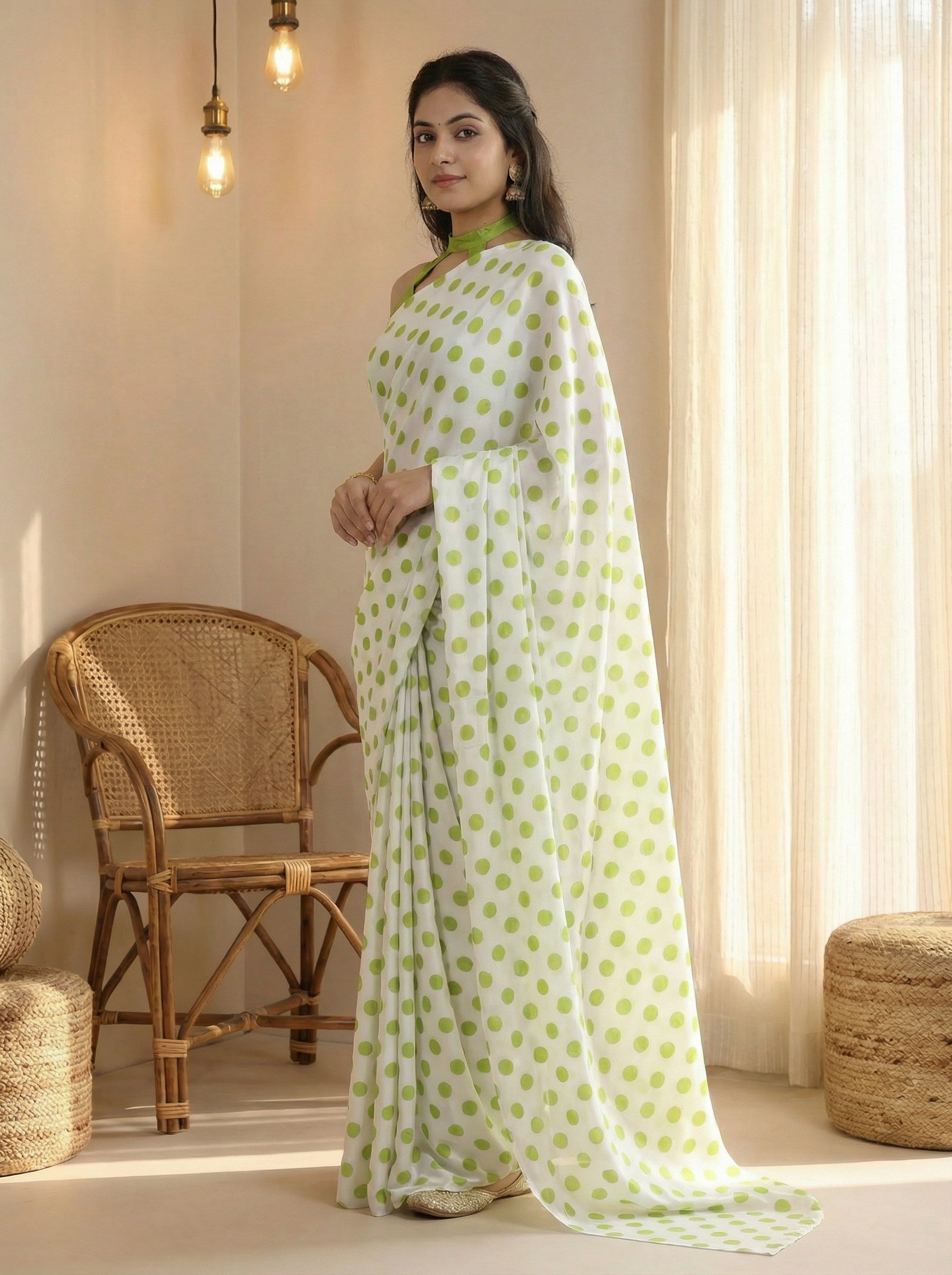Pure Satin Sarees in Polka Dot prints With Plain Blouse