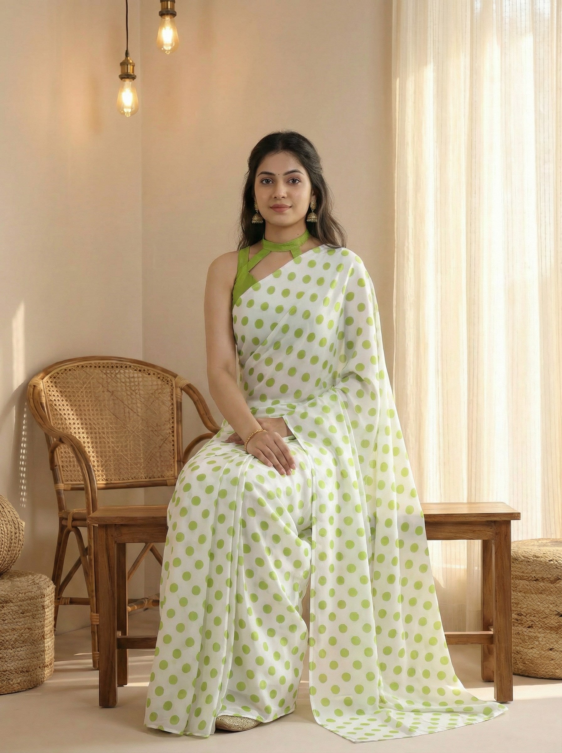 Pure Satin Sarees in Polka Dot prints With Plain Blouse